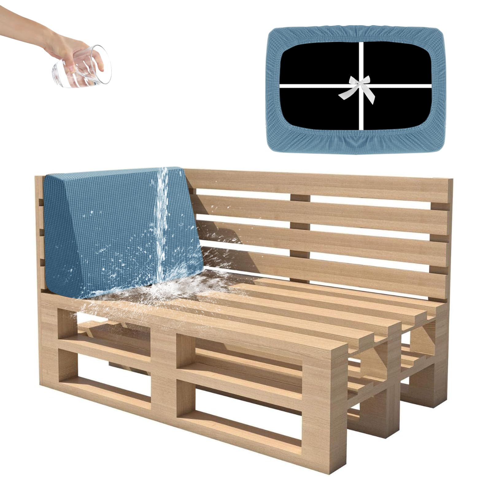 SYLC Waterproof Pallet Cushions Covers, Stretch Cover for Pallet Furniture Cushions with 4 Ties, Outdoor Corner Sofa Covers for Rattan Patio Garden Caravan (Blue,Corner Back 60×40×10/20)