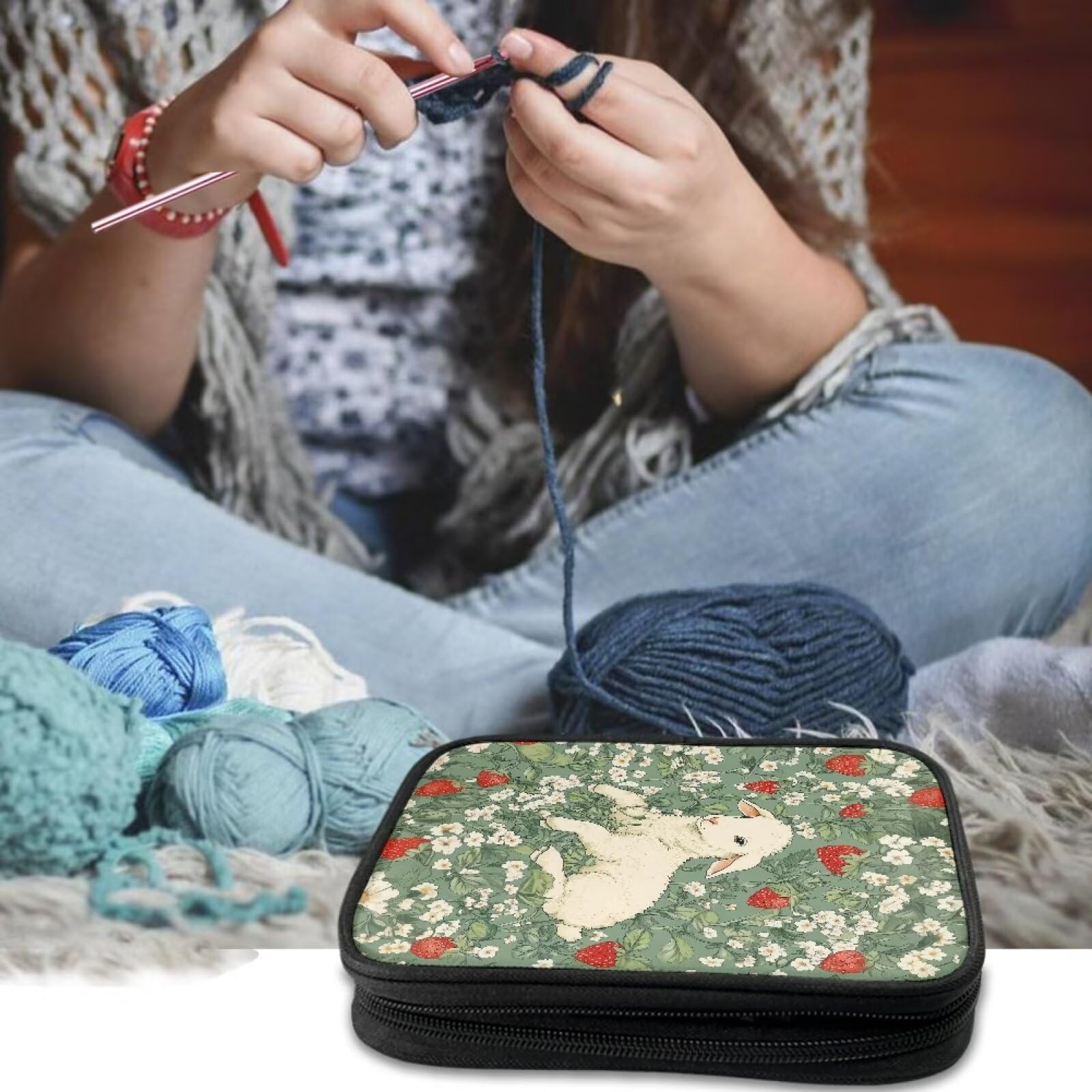 Qehuruxo Sheep Strawberry Crochet Hook Organizer Double Layer Design Zipper Closure Mesh Pockets Knitting Organizers for Travel and Home Use