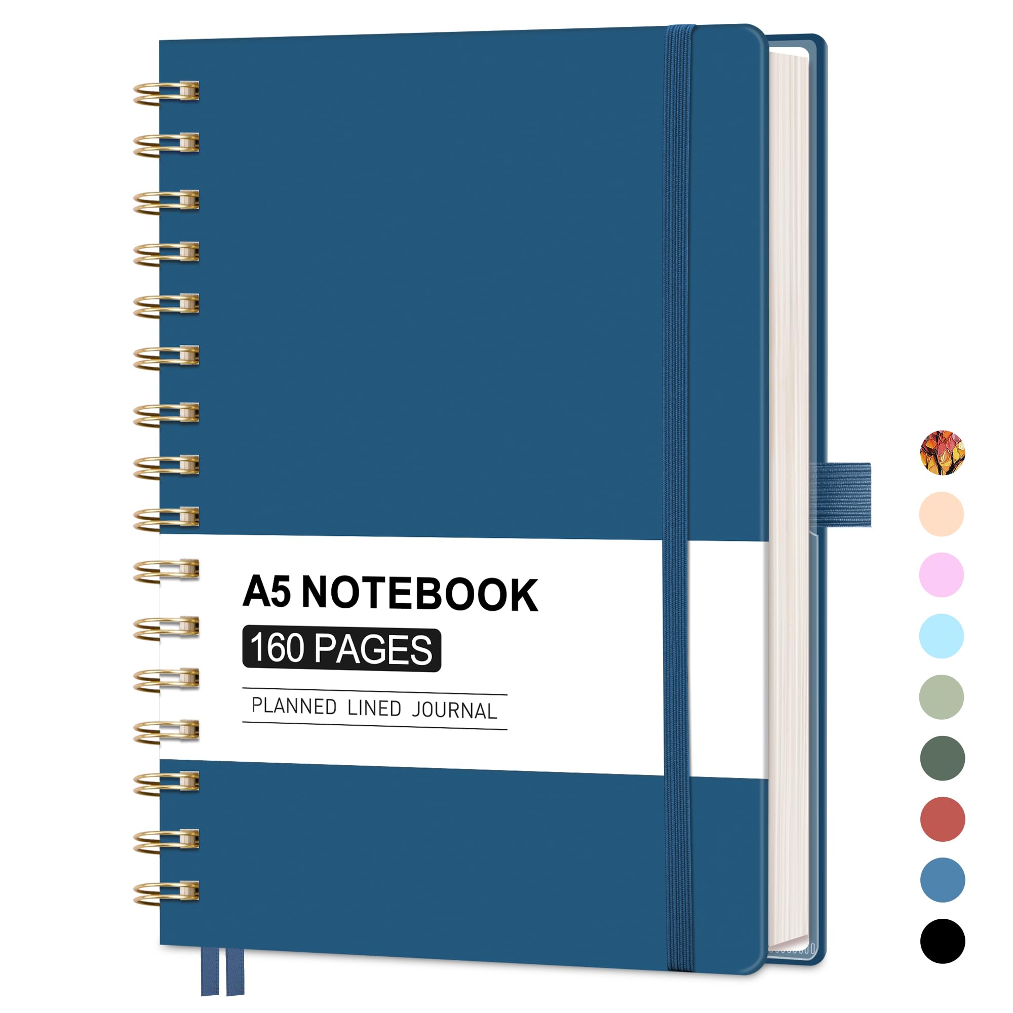AUTEMPO A5 Notebook, Spiral Journal, 160 Lined Pages, A5 Medium Size (14.5 x 21cm), for Men & Women, Journaling, Writing, Work & Office, Hardcover, 100 GSM Thick Paper - Navy Blue