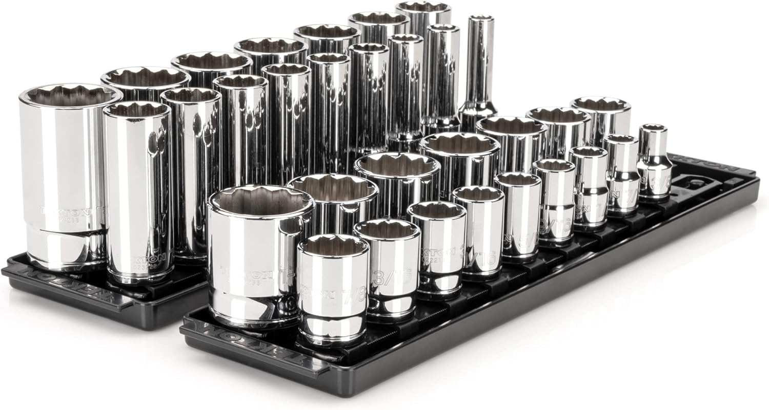 TEKTON 1/2 Inch Drive 12-Point Socket Set with Rails and Trays, 32-Piece (3/8-1-5/16 in.) | SHD92206