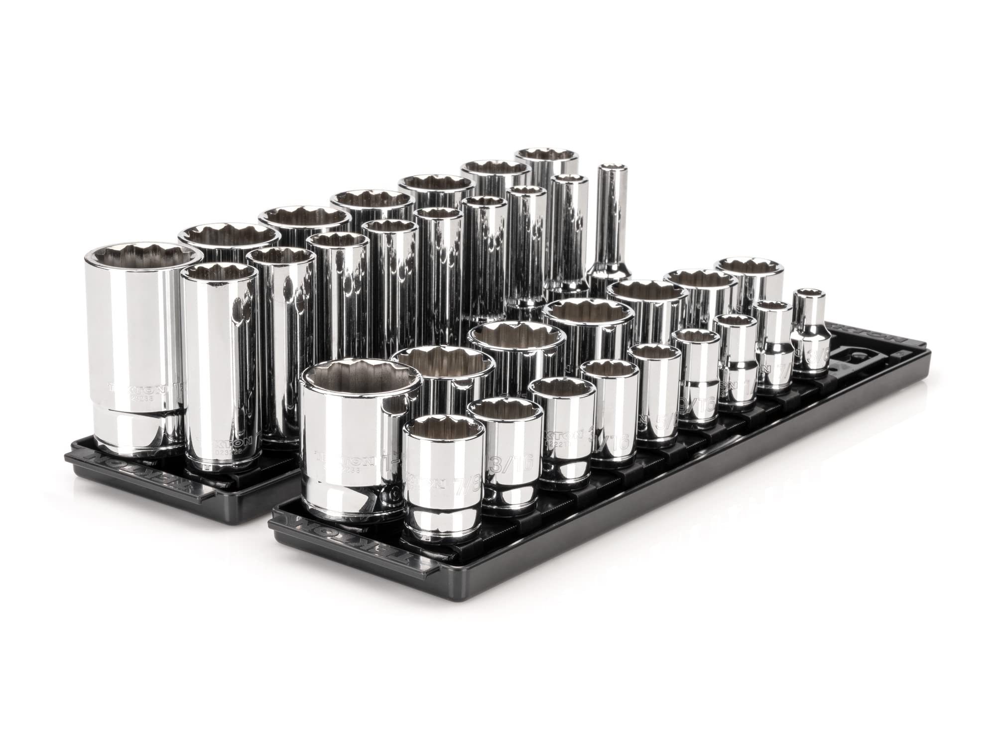 TEKTON 1/2 Inch Drive 12-Point Socket Set with Rails and Trays, 32-Piece (3/8-1-5/16 in.) | SHD92206