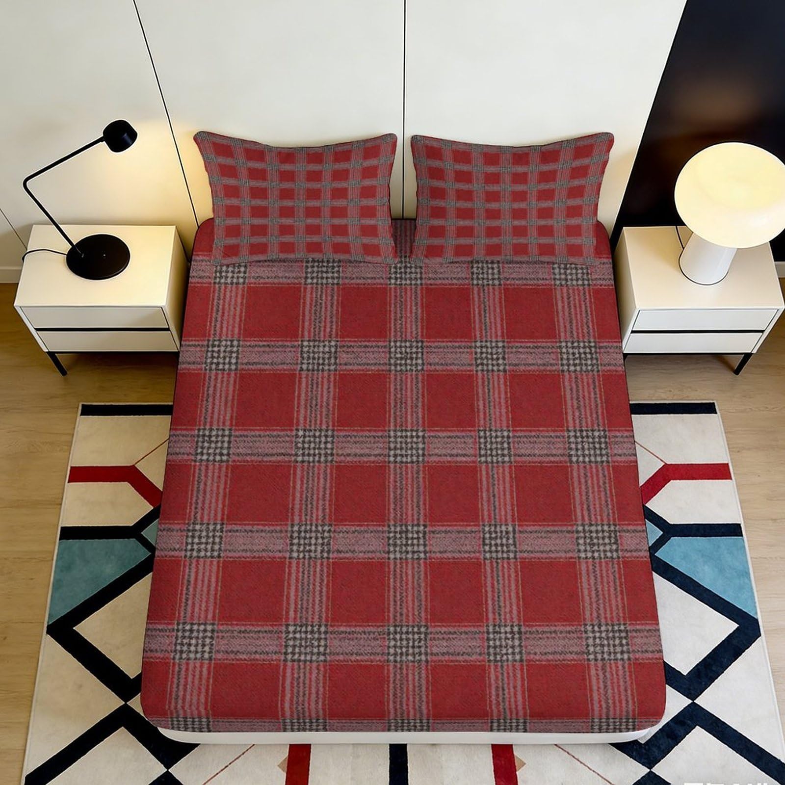 3D Printed Red Plaid Fitted Sheet Microfiber Soft Durable Checkered Bed Cover for Bedroom Dorm Mattress Protection Decor 200x200x25cm