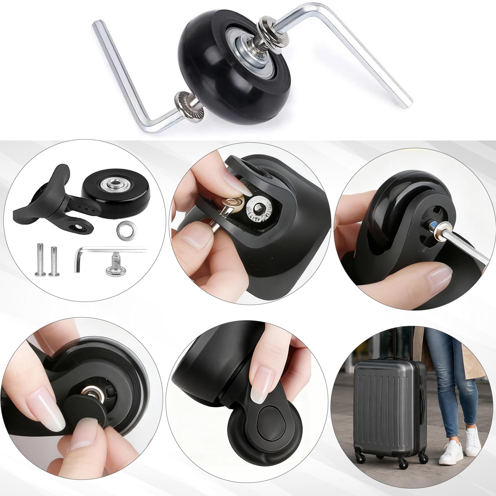 4 Pezzi Ruote Universali per Valigia, 50x18mm Ruote per Valigia, Rotelle Pivotanti Trolley Ricambio, Ruote per Carrello per Bagagli, Kit di Riparazione per Mobili con 30/36mm Doppi Cuscinetti