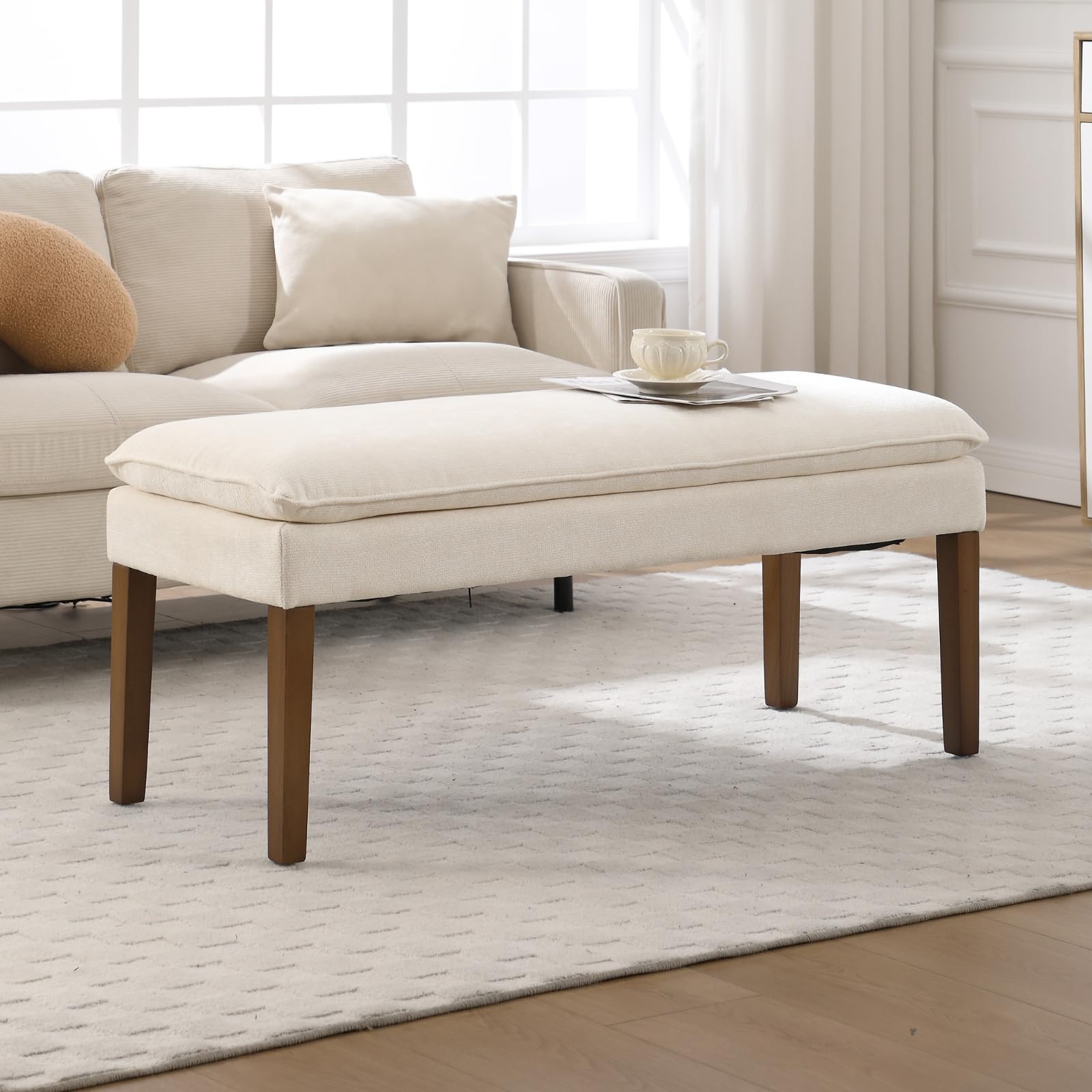 Ya-Home Banquette Rembourrée avec Pied en Bois Banc d'Entrée Moderne en Chenille, Banquette de Lit Designe Banc de Cuisine pour 2 Personnes, Blanc