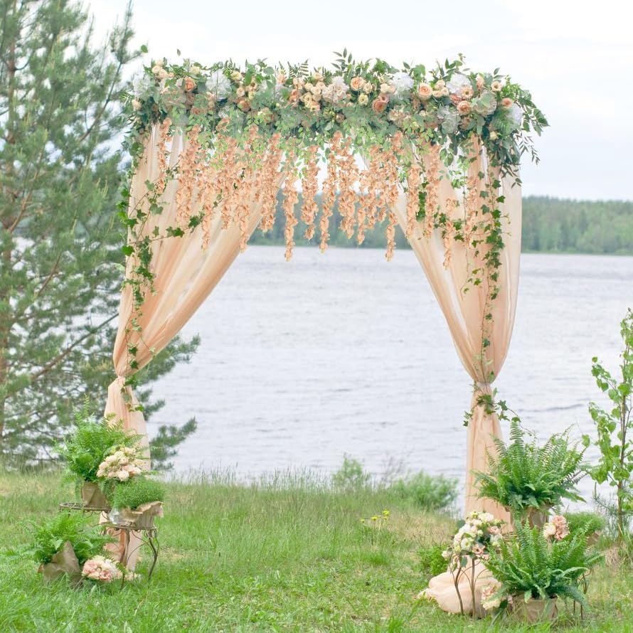 12Pack Wisteria Hanging Flowers 3.6ft Fake Flower Garland Faux Wisteria Vines Champagne Artificial Silk Flowers Bushy Rattan String for Garden Home Wall Wedding Decorations (Champagne) - Image 7