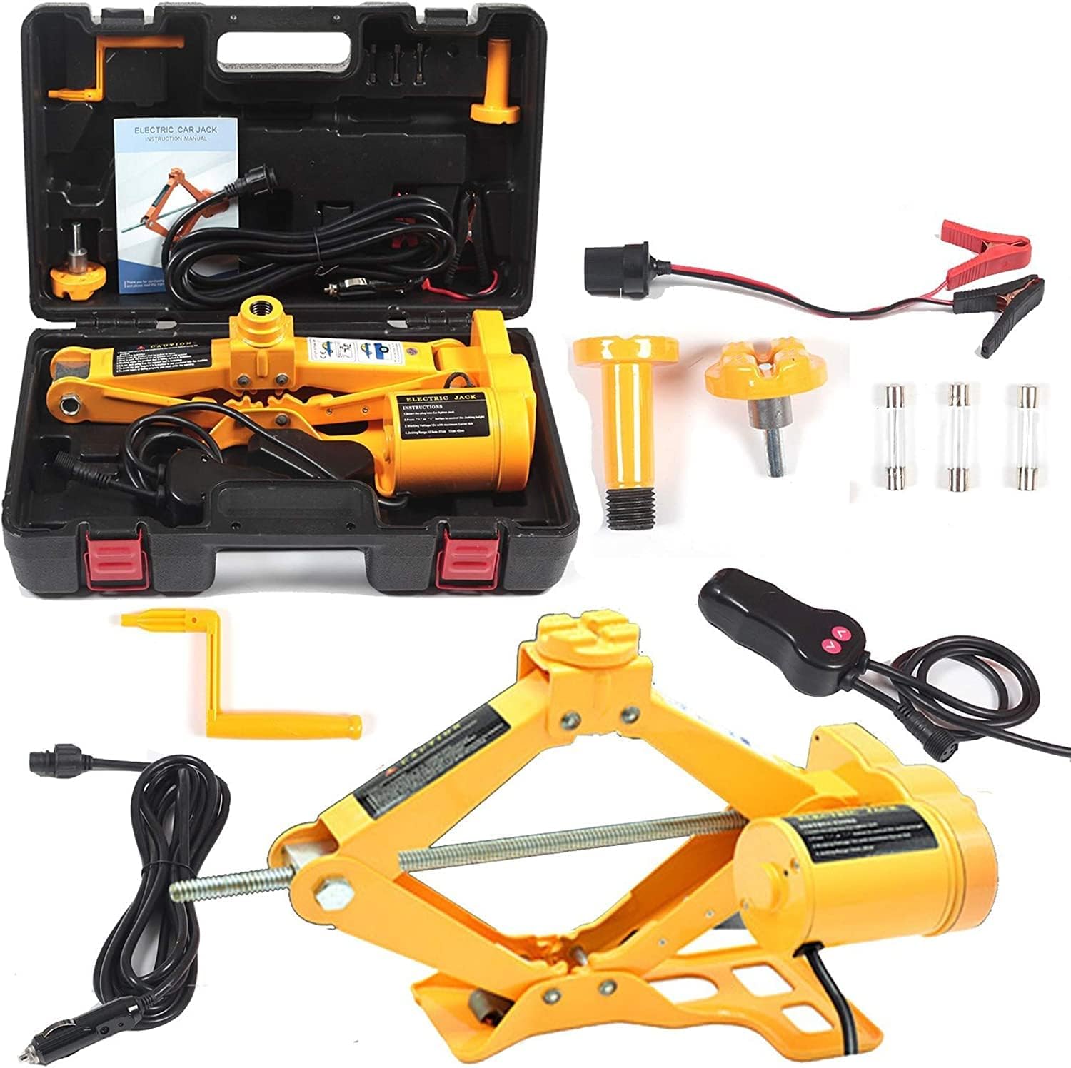TY42 All-in-one Automatic 12V Scissor Lift Jack Set with Double Saddles Remote Tire Change Repair Emergency Tool Kits Vehicle Floor Wheel Change for Sedans SUV (3 Ton)