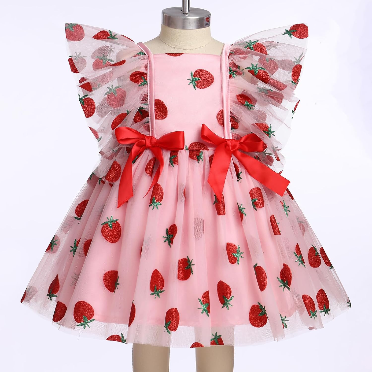 IDOPIP Baby Girls Sequin Strawberry Cherry Tutu Dress Summer Backless Lace Princess Birthday Party Dress with Headband Outfit