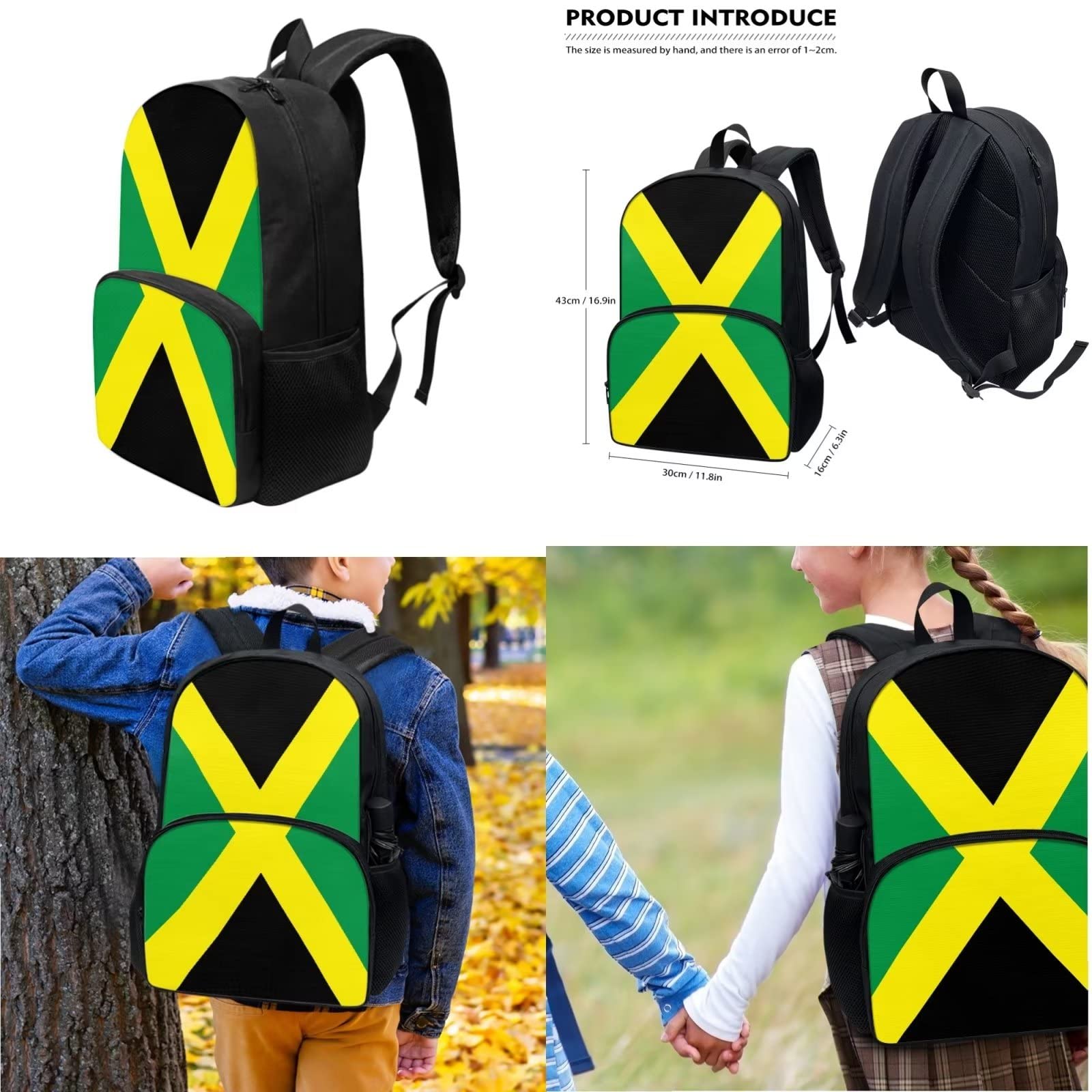 POLERO Mochila escolar de caballos para niños, juego de bolsas de almuerzo, estuche para lápices, 3 piezas, bolsas escolares, Bandera de Jamaica, Talla única, Mochila infantil