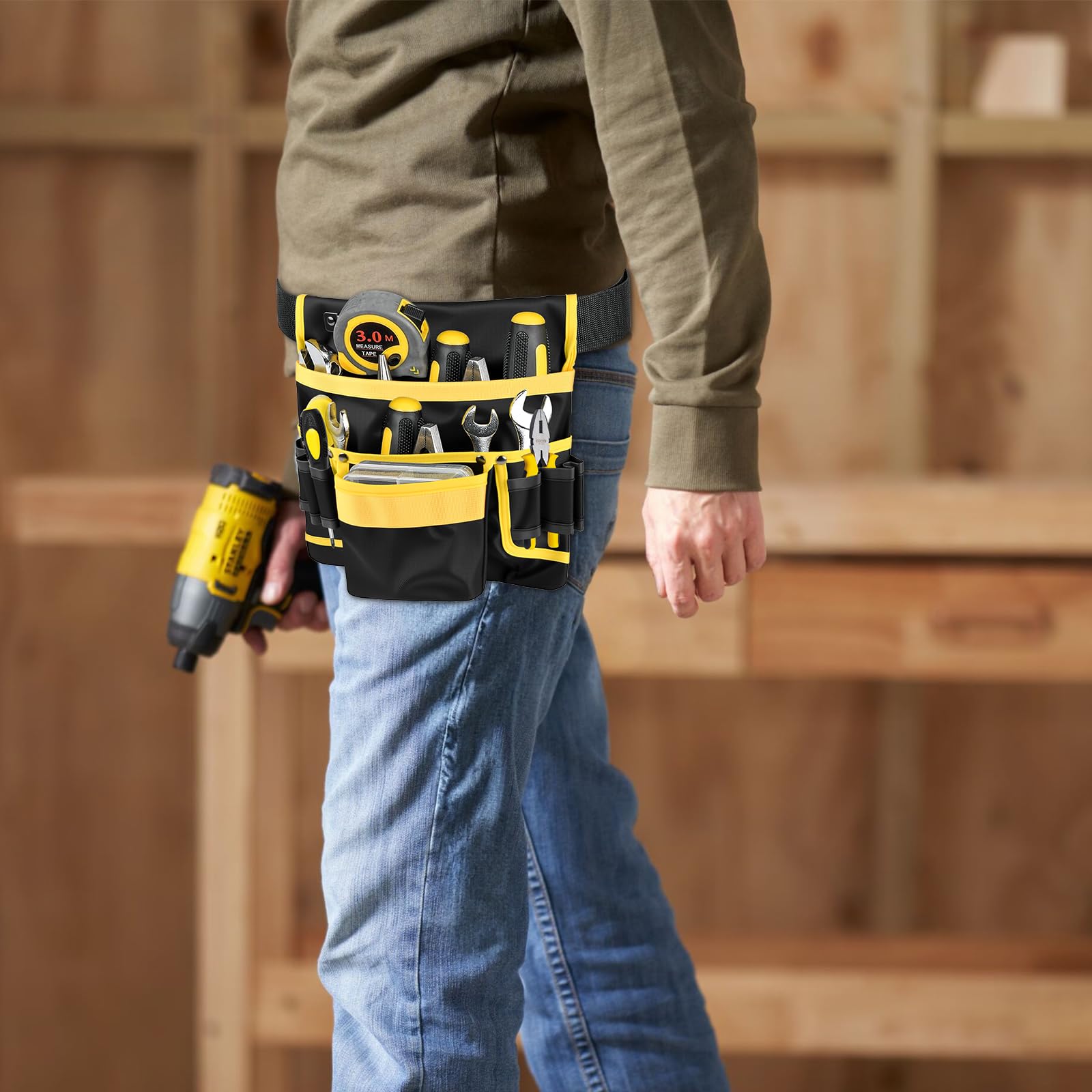 Cinturón de Herramientas, Porta Herramientas Cintura, Magnética Cinturon Portaherramientas Ajustable con 12/28 Bolsillos para Hombre, Electricistas, Carpinteros, Trabajadores de Construcción