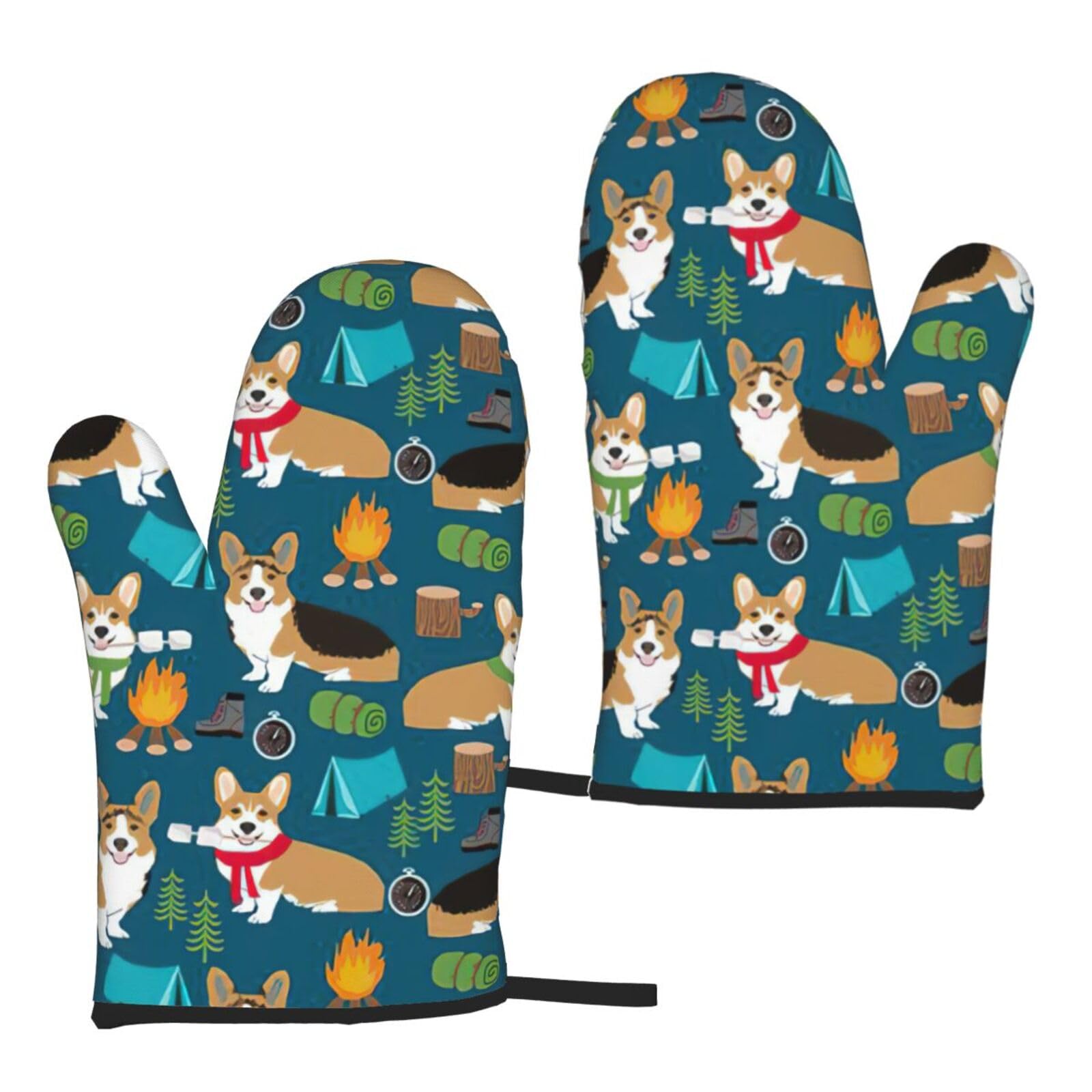 Nimongt Women's Black Corgi Print Adults Universal Fit Heat Resistant Oven Gloves Reusable Cooking Outdoor Grilling