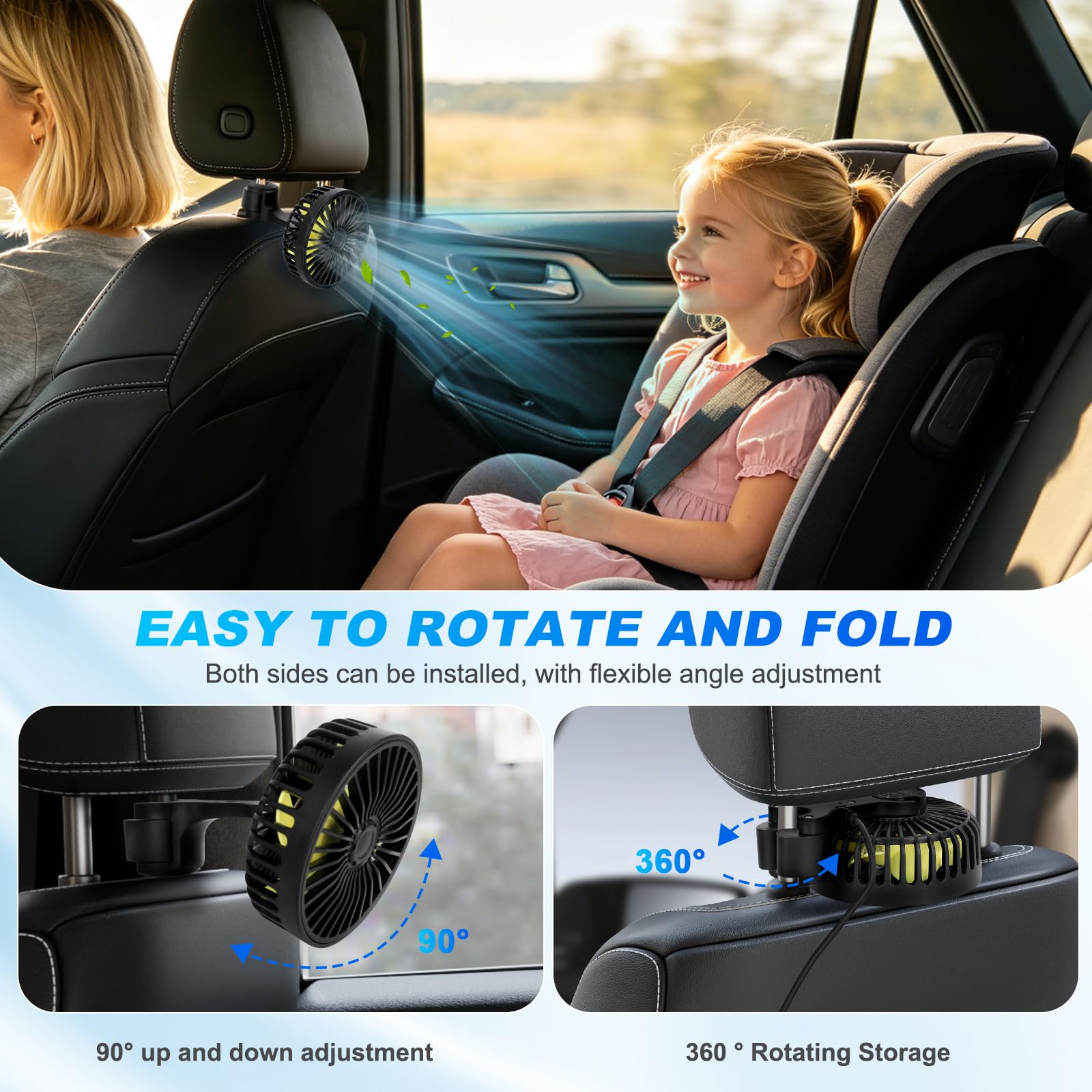 Foreverup 12 V Ventilateur de Voiture, Ventilateur de siège arrière pour 3 Vitesses Réglables, Ventilateur USB pour Voiture Avec cinq pales de ventilateur，Silencieux pour SUV RV Bateau, Noir