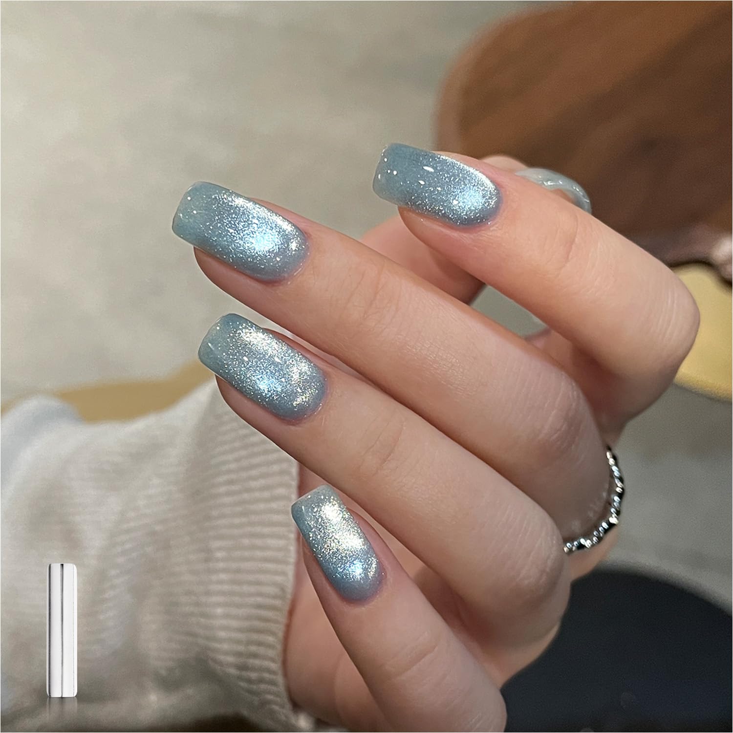 GAOY Jelly Blue Cat Eye Gel Nail Polish, 16ml Glitter Holographic Nail Polish with Magnet, Reflective Translucent UV Gel, 3045 Blue Ice