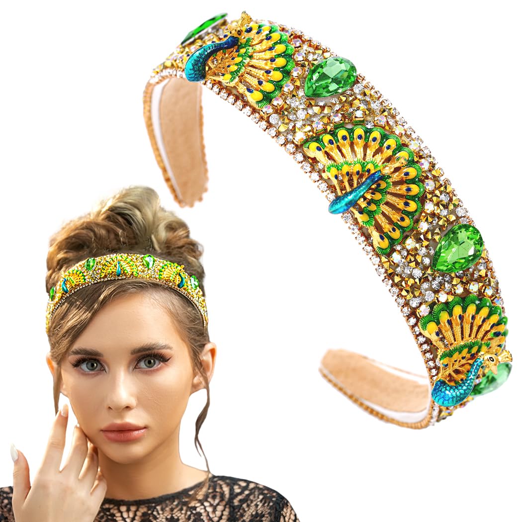 deladola Rhinestone Padded Headband Green Peacock Crystal