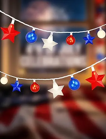 20-Light Patriotic Star and G40 Globe String Lights, Red White and Blue LED Outdoor Lights with White Wire