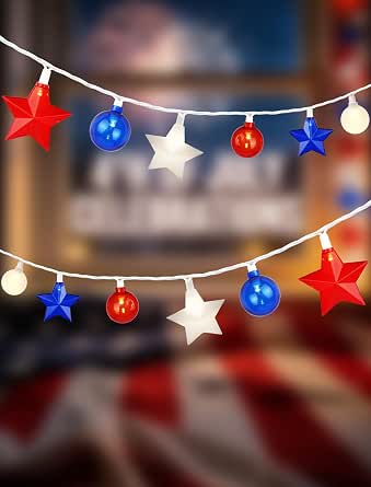 20-Light Patriotic Star and G40 Globe String Lights, Red White and Blue LED Outdoor Lights with White Wire