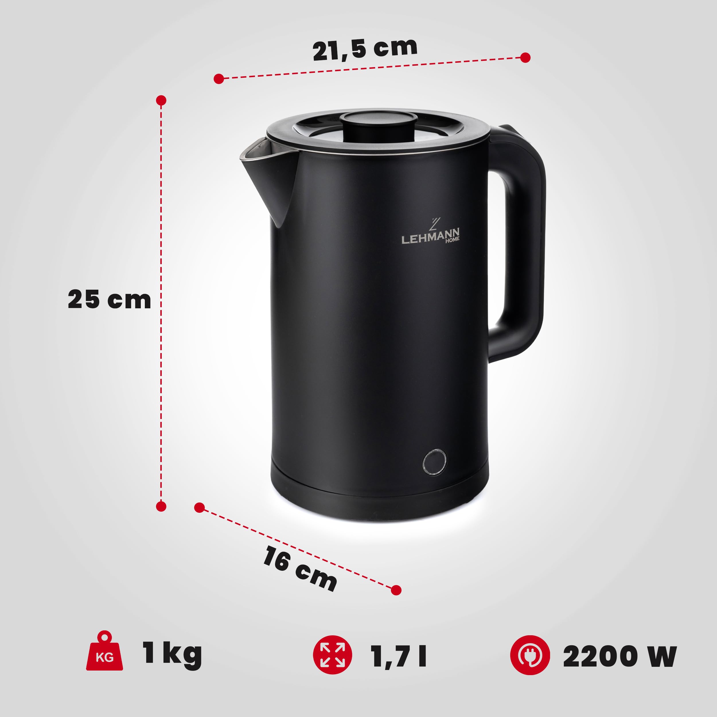 LEHMANN Elektrische Waterkoker, 2L, 2200W, Snel Koken, Dubbelwandig, 360° Draaibare Basis, Automatische Uitschakeling, Oververhittingsbeveiliging, BPA-vrij, ideaal voor Gezinnen en Kantoren, Zwart