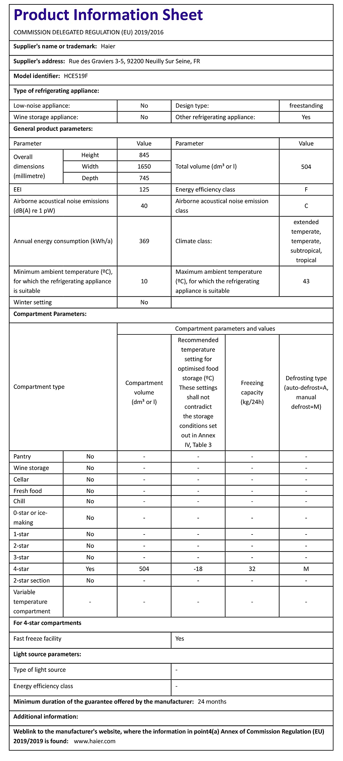 Haier HCE519F Freestanding Chest Freezer, 519L Total Capacity, With