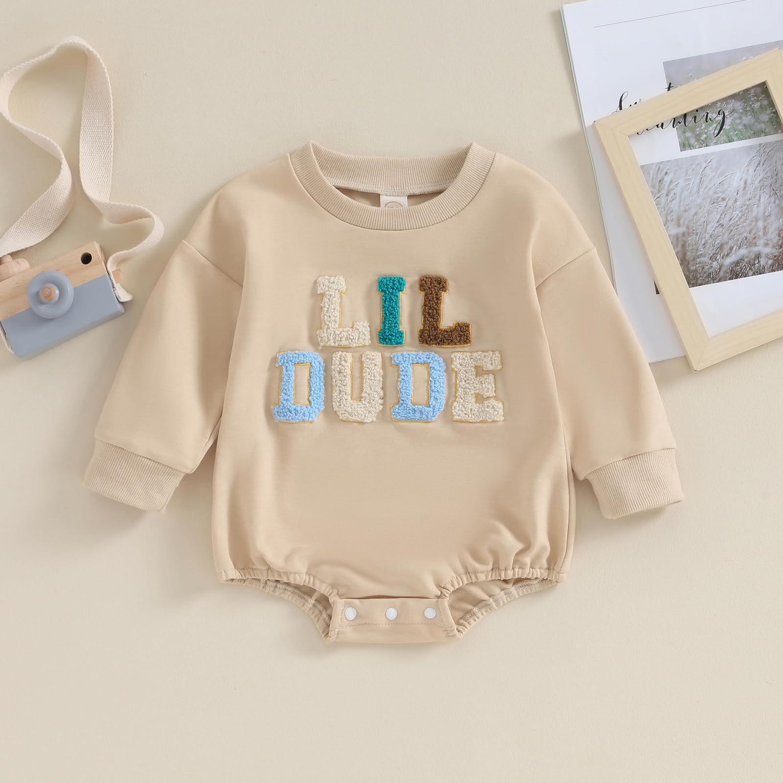 Newborn Baby Boy Fall Clothes Long Sleeve Bubble Romper Onesie Little Dude Infant Winter Outfit (A Khaki Little Dude, 0-3 Months)