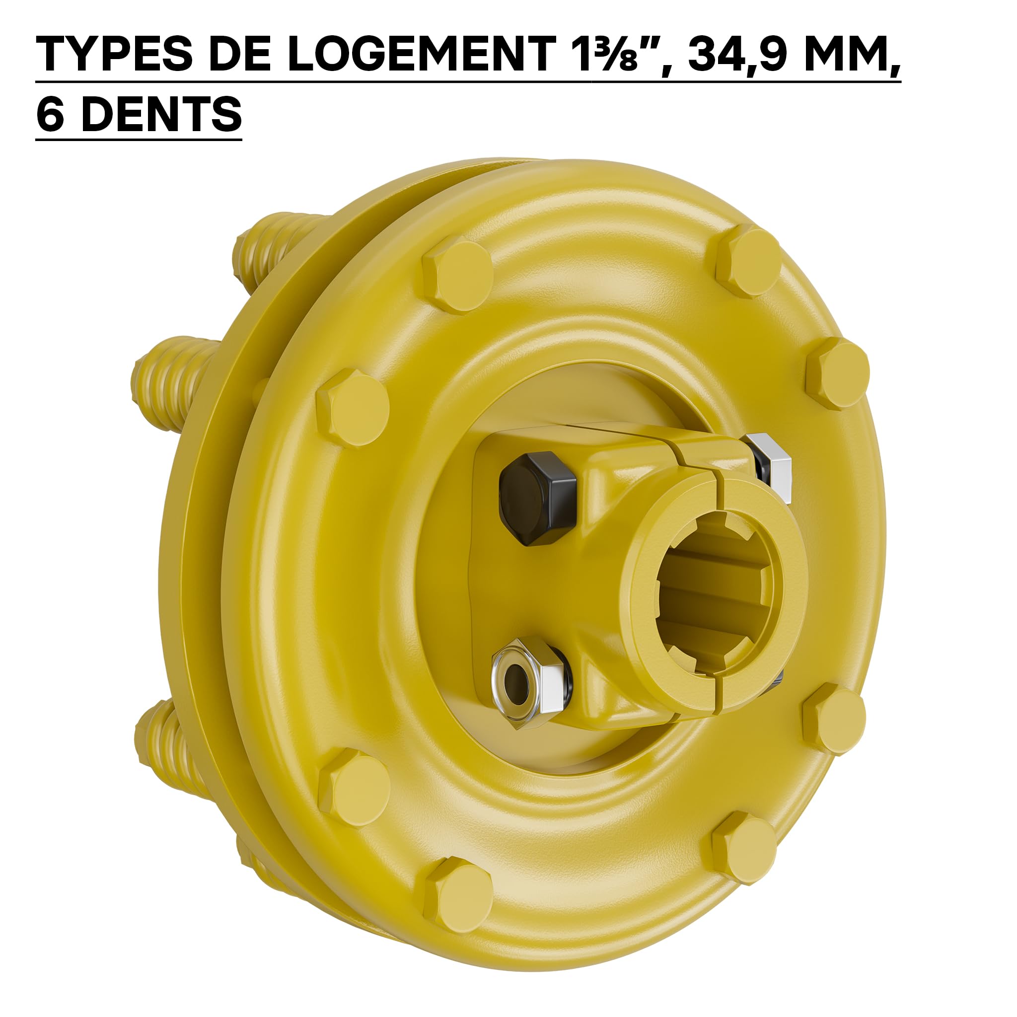 WilTec Embrayage de Cardan - 6 Dents / 1 3/8" (34,9 mm) / Filets Femelle et Mâle / 1200 Nm Max. - Raccord pour Arbre de Transmission - Couleur Jaune
