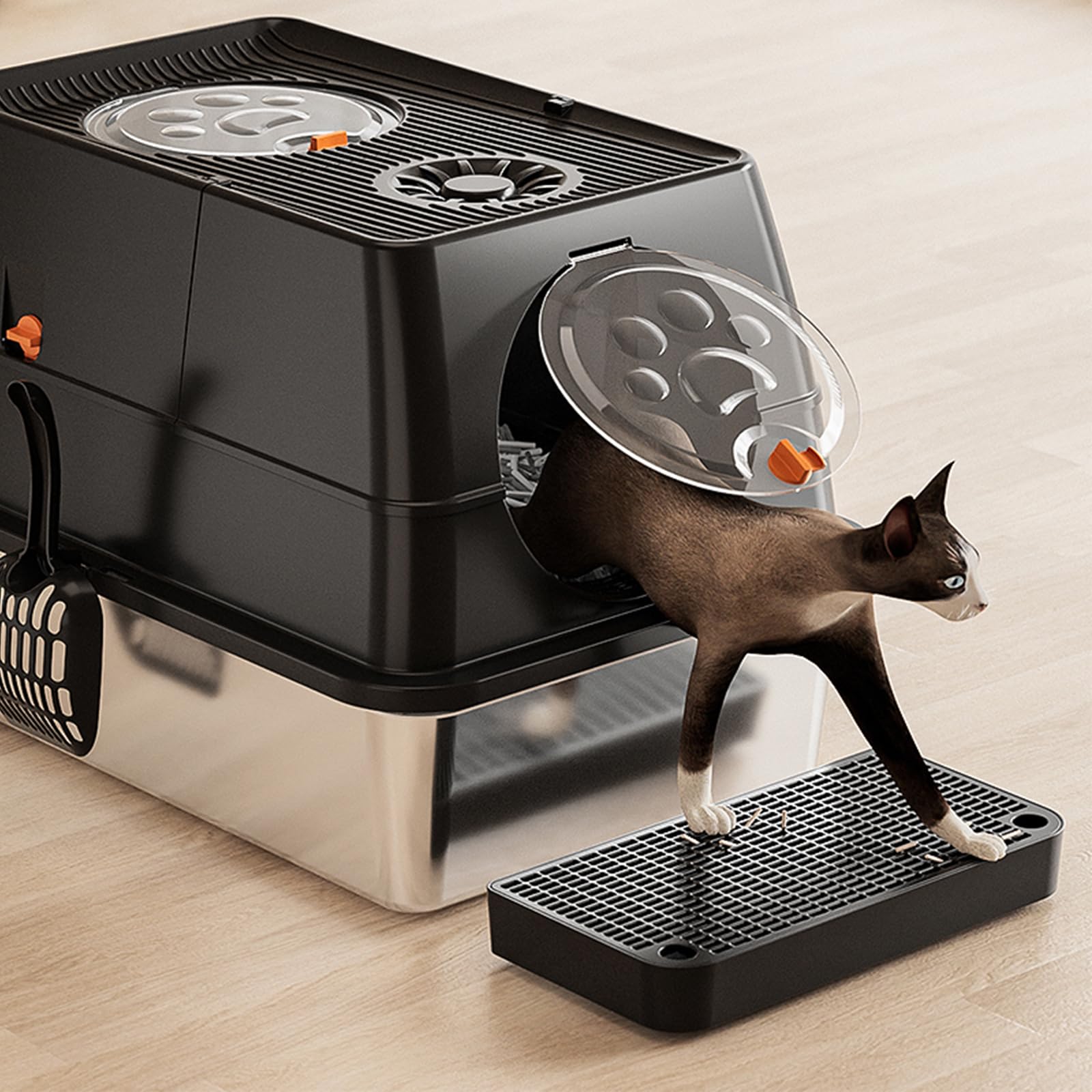 Caja de arena para gatos con acero inoxidable de alta cara con tapa, bandeja de arena de metal cerrada, bandeja de arena grande para gatos con pedal de filtro de arena y pala de arena