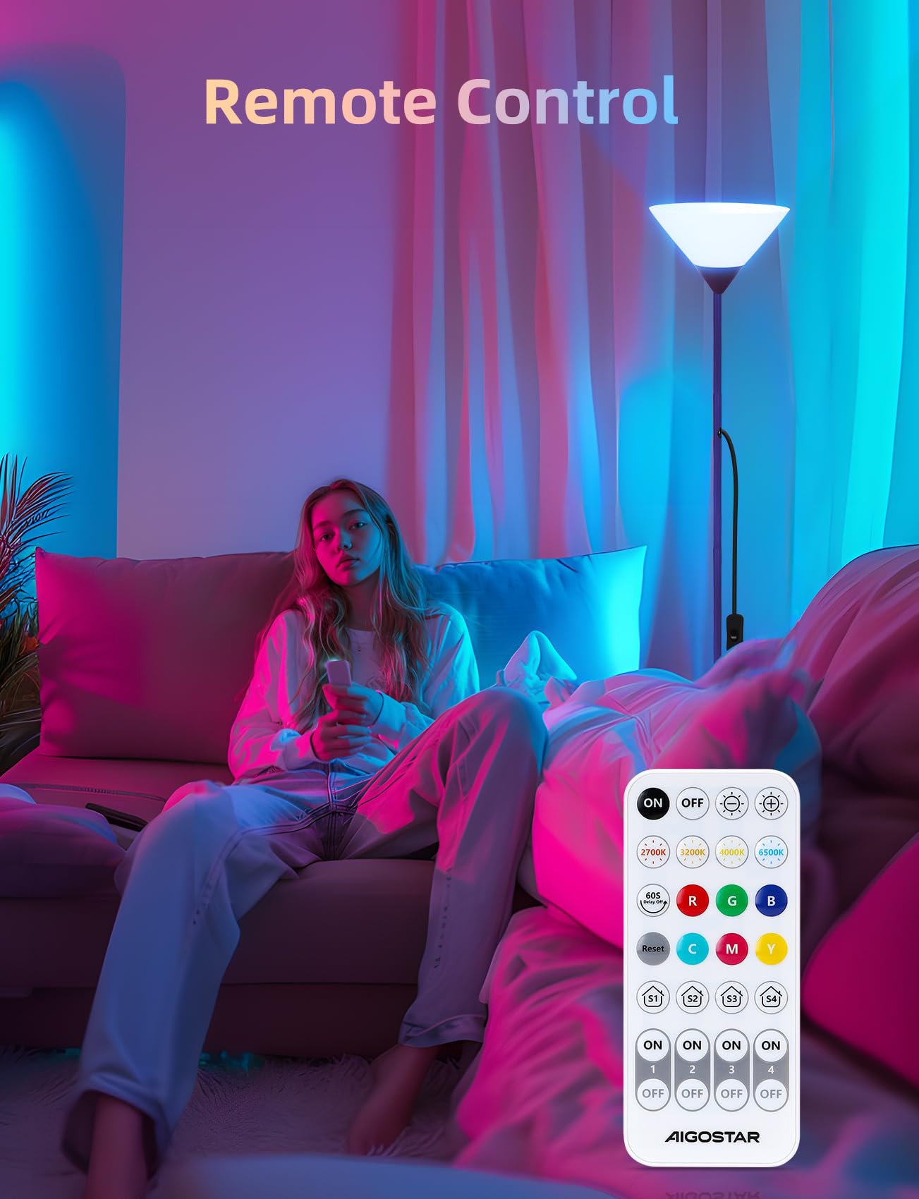 Aigostar Lámpara de Pie Moderna, con Mando a Distancia y Bluetooth Mesh G45 E27 Bombilla LED RGB & 2700K-6500K, Lámpara de Pie Regulable, Compatible con Alexa, 175 cm