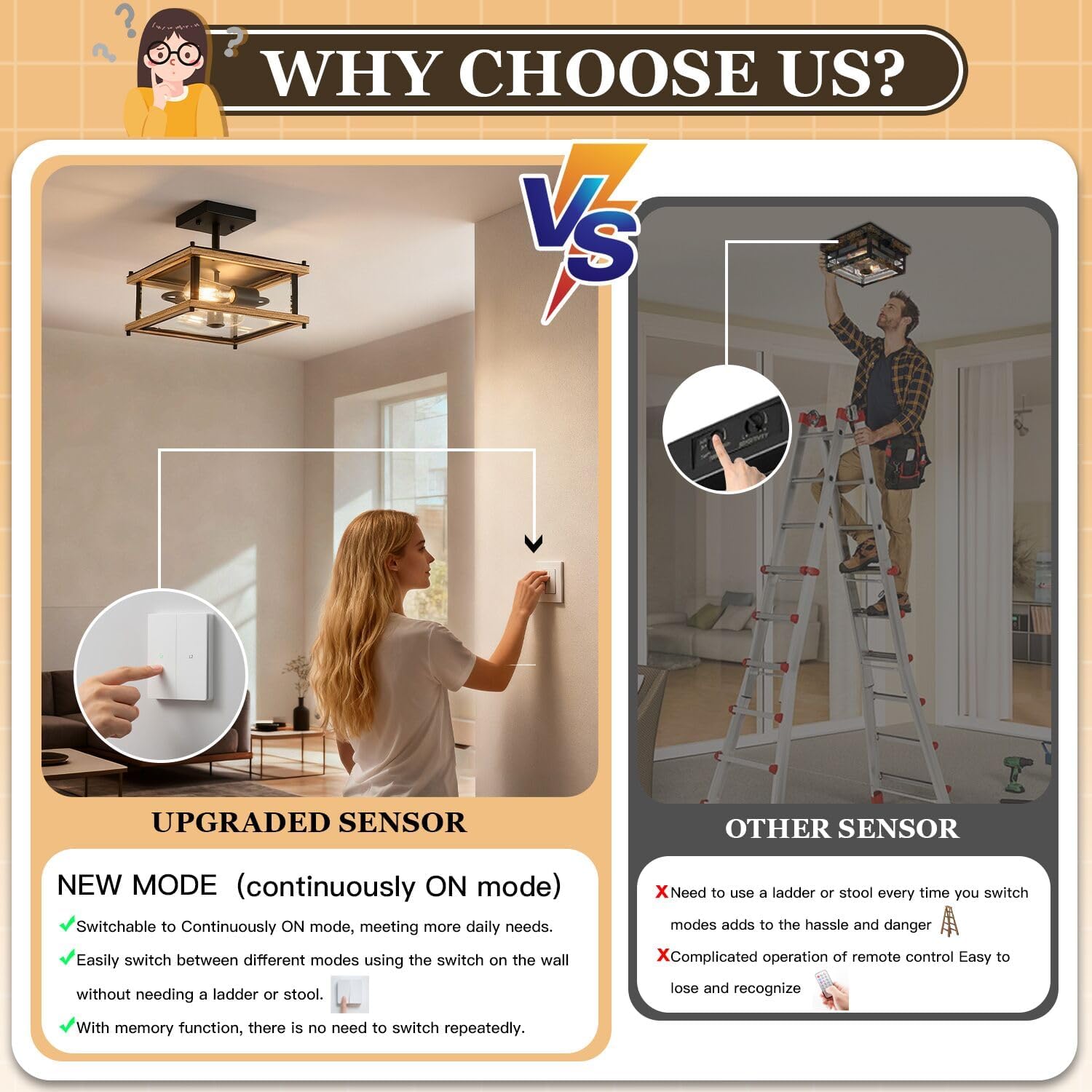 2-Light Farmhouse Motion Sensor Outdoor Ceiling Light Square Metal Frame Wood Grain Flush Mount, Industrial Exterior Porch Light Fixture with Clear Glass for Balcony Hallway Garage Entryway