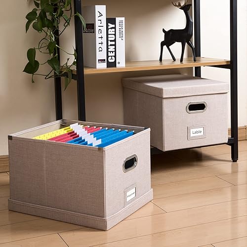 Vista 61 de PRANDOM Caja organizadora de archivos, juego de 4 carpetas plegables decorativas de lino para almacenamiento de archivos colgantes con tapas, Rosa
