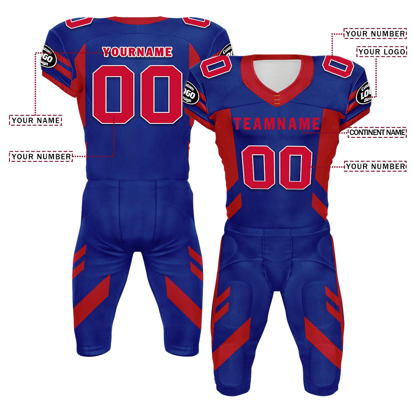 Onegam Custom Football Jerseys for Adult Youth, Professional Practice Training Apparel with Personalized Name Number Logo Blue Red