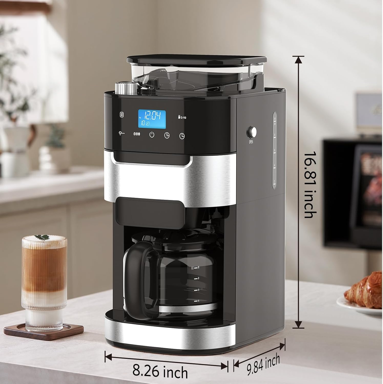 10-Cup Drip Coffee Maker with Built-in Grinder, Programmable Grind & Brew, 220g Bean Hopper, Adjustable Grind Size & Coffee Strength, Descaling Alert, 24H Timer, 2H Keep Warm, LED Touchscreen — view 2