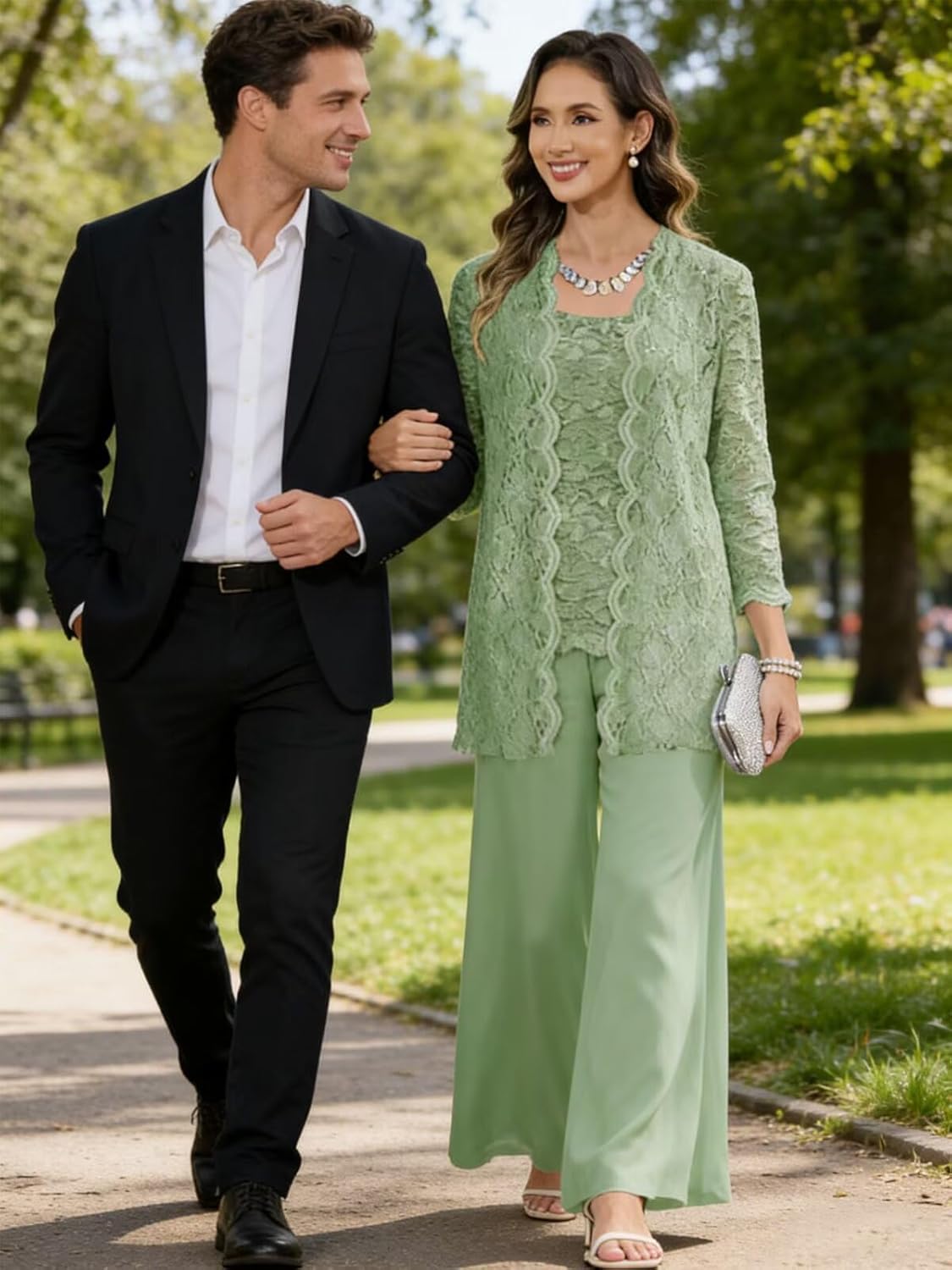 Women's 3 Pieces Pants Suits for Women Wedding Lace Chiffon Mother of Bride Pantsuits Formal with Jacket