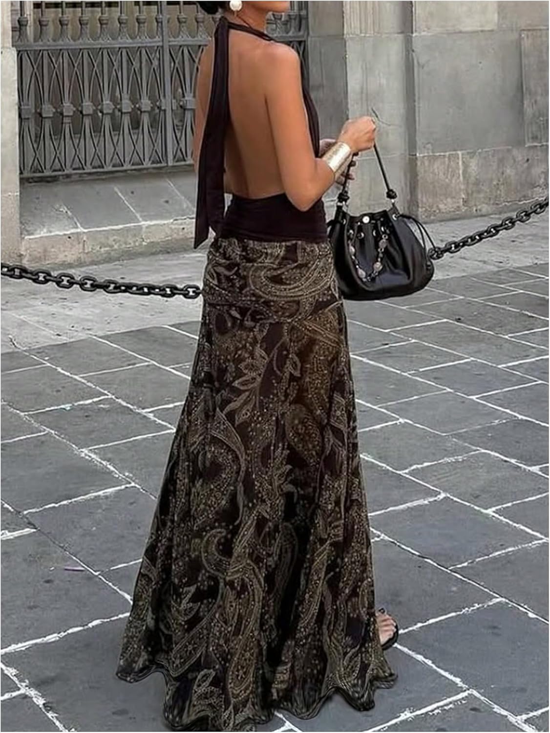 Verdusa Women's Paisley Maxi Skirt Boho Ruched Low Waisted Flowy Skirt Vintage Clothes