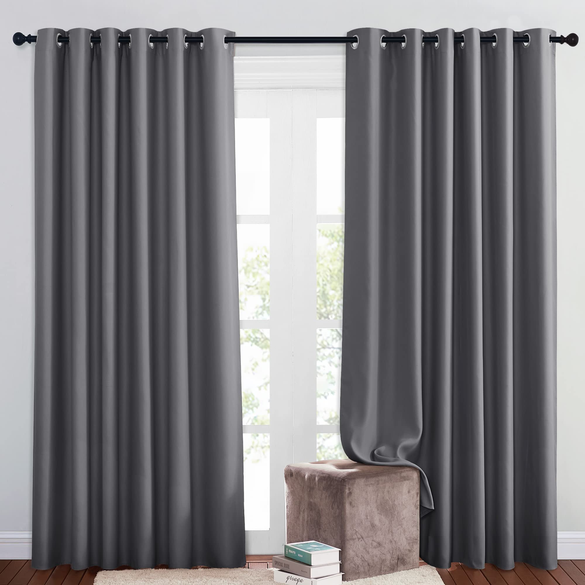 PONY DANCE Extra Wide Grey Blackout Curtains 84 Inch Drop for Living Room Thermal Black Out Curtains Eyelet for Bedroom/ Hotel/ Cafeteria/ Lounge Drapes