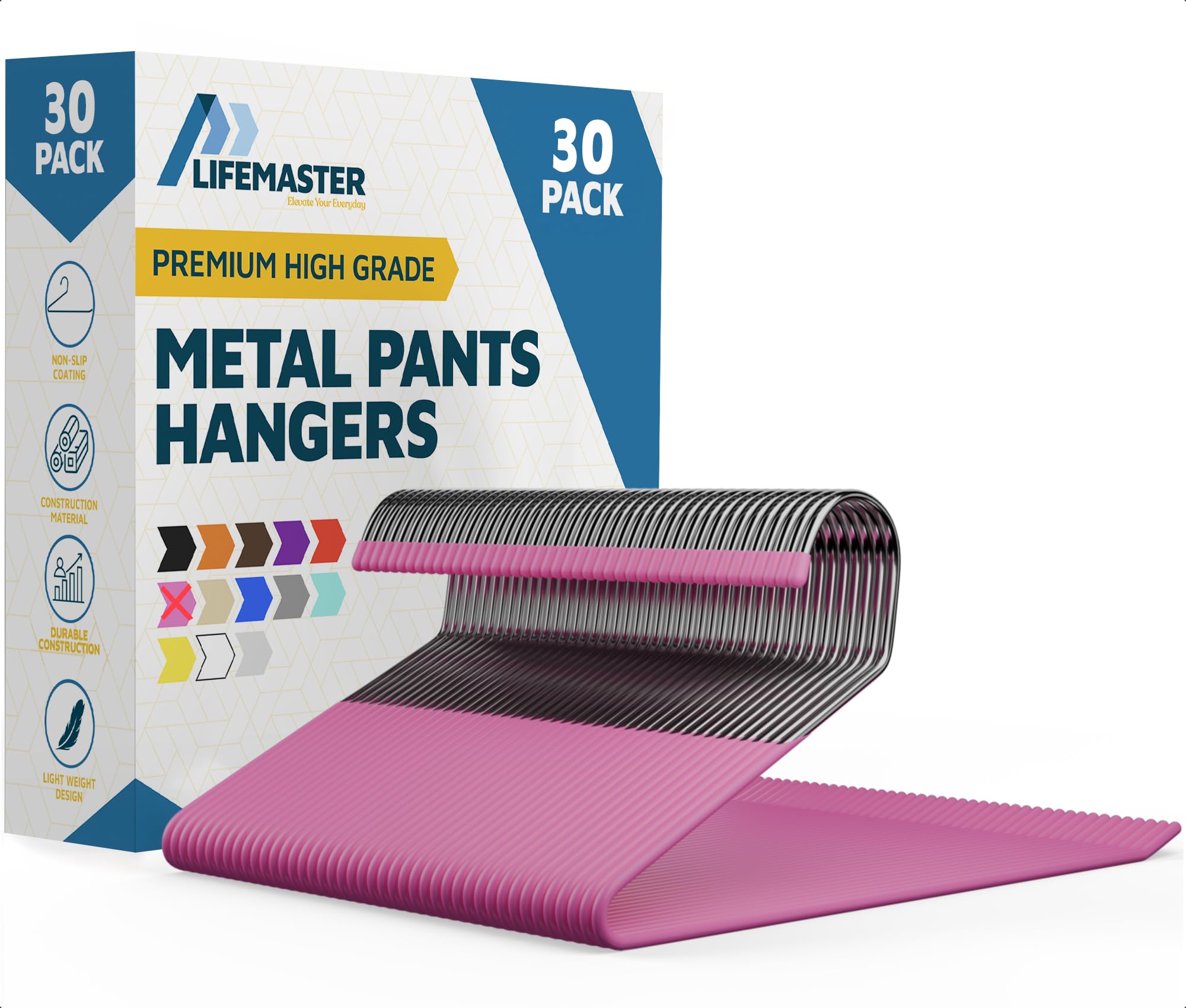 LifeMaster 30-Pc Pink Metal Slack Non-Slip Pants Hangers - Heavy Duty, Space-Saving, Ideal for Pants, Jeans, Blankets, and More. Non-Slip Rubber, Closet Organization