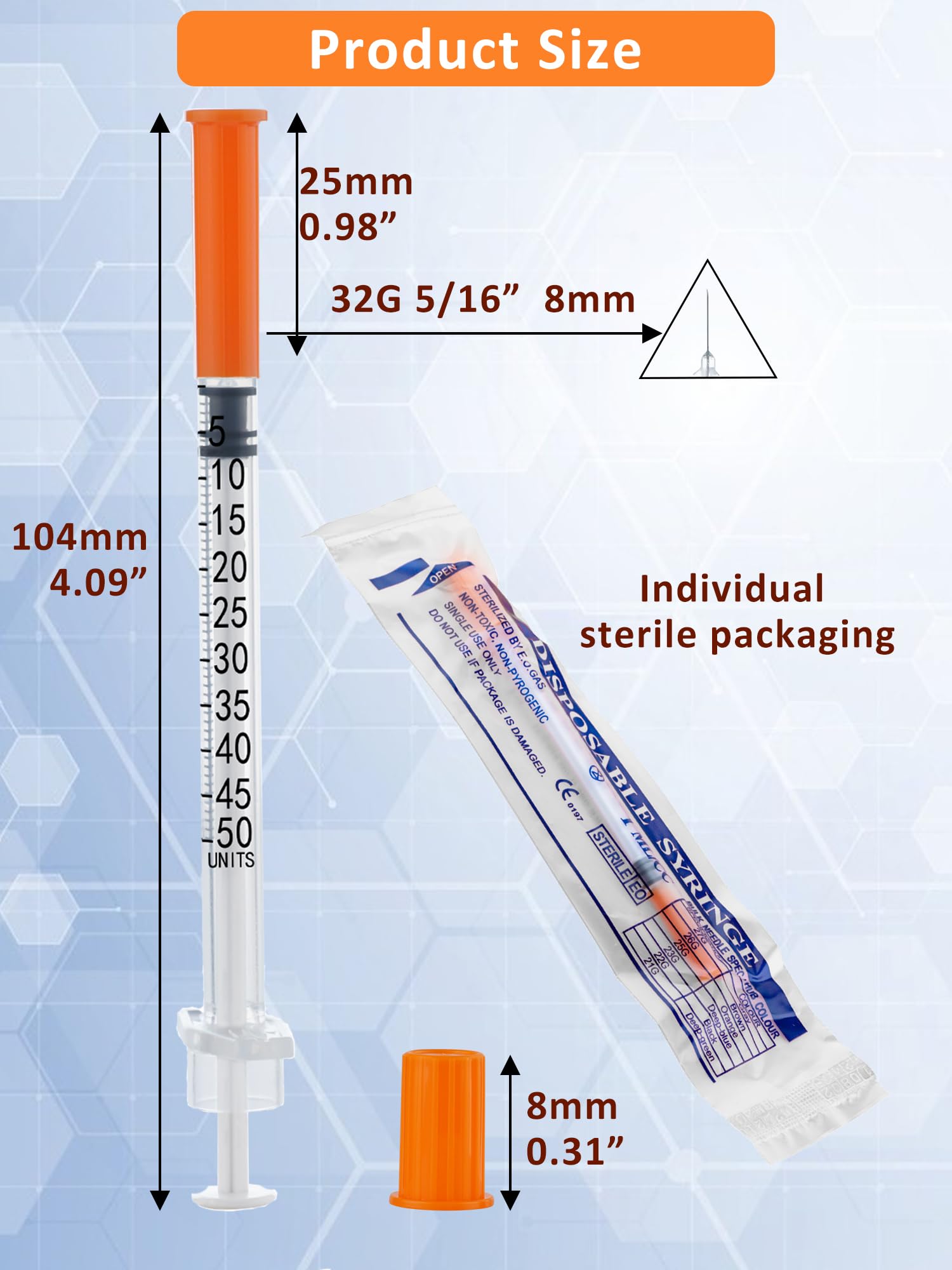 20 Pack 0.5ml Disposable Syringe, 32G 0.5cc 5/16 Inch (8mm) Lab Supplies Syringes, Individually Wrapped — Amazon image 3