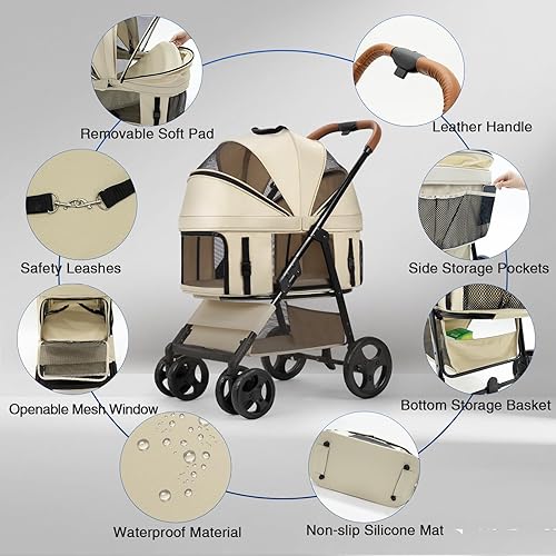 Miniatura 2 de Cochecito para mascotas de 4 ruedas para perros y gatos pequeñosmedianos con transportador desmontable y cesta de almacenamiento, plegable con un