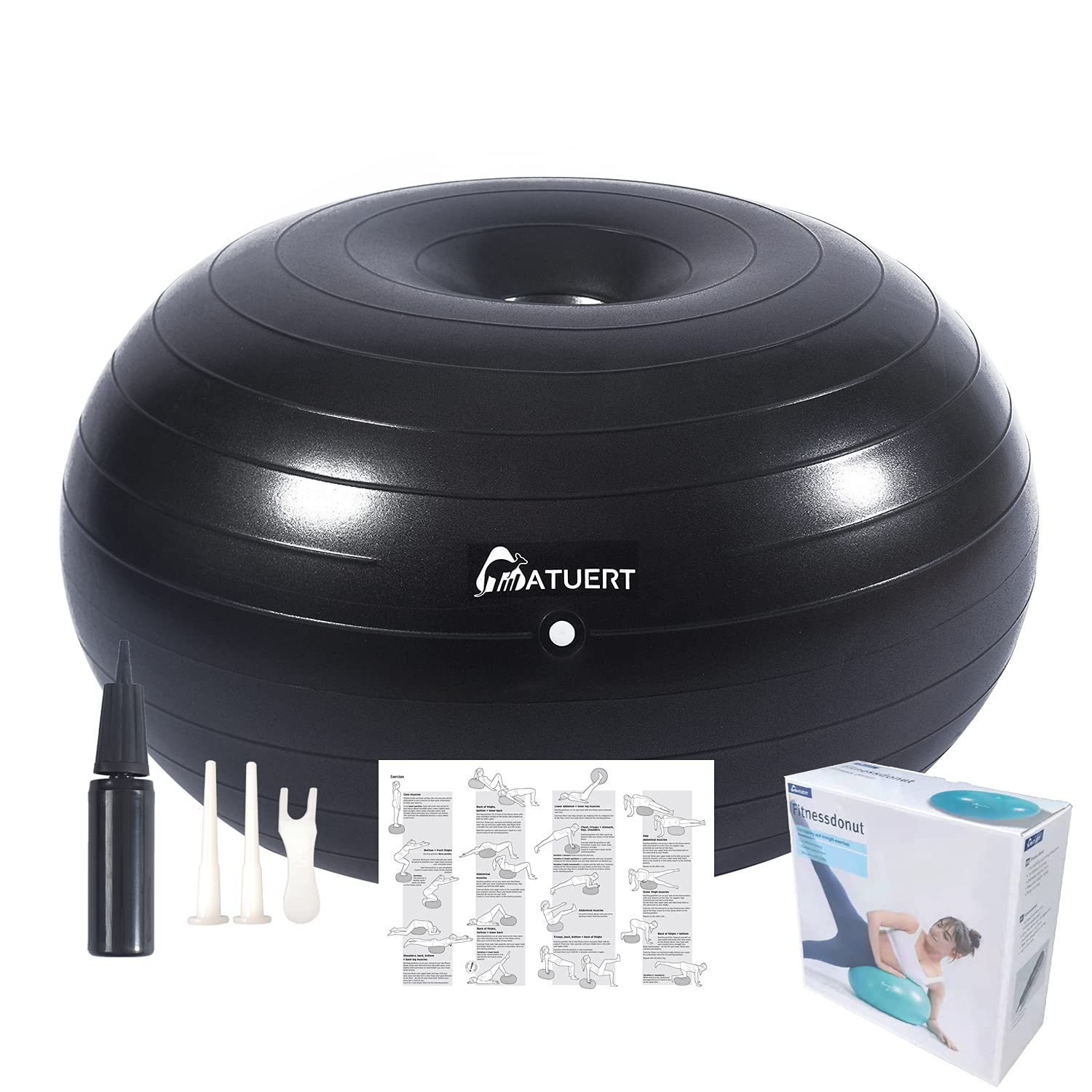 ATUERT Fitness Donut with Hand Pump,Stability and Strength Exercise.Core and Balance Training in Gym,Office or Classroom,Inflatable Donut Chair for Classroom and Office,Home and Gym Workout (Black)