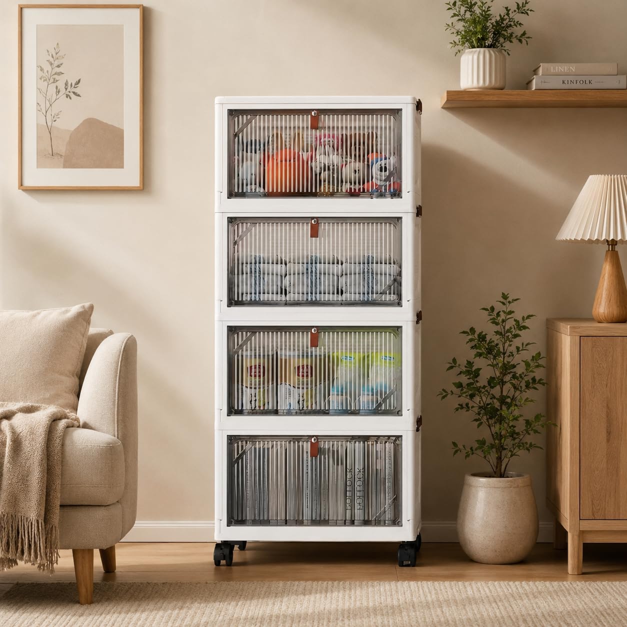 4-Tier 97QT Rolling Storage Cabinet with Wheels,Clear Magnetic Doors, Stackable Plastic Pantry Organizer for Kitchen, Living Room, Bedroom & Office