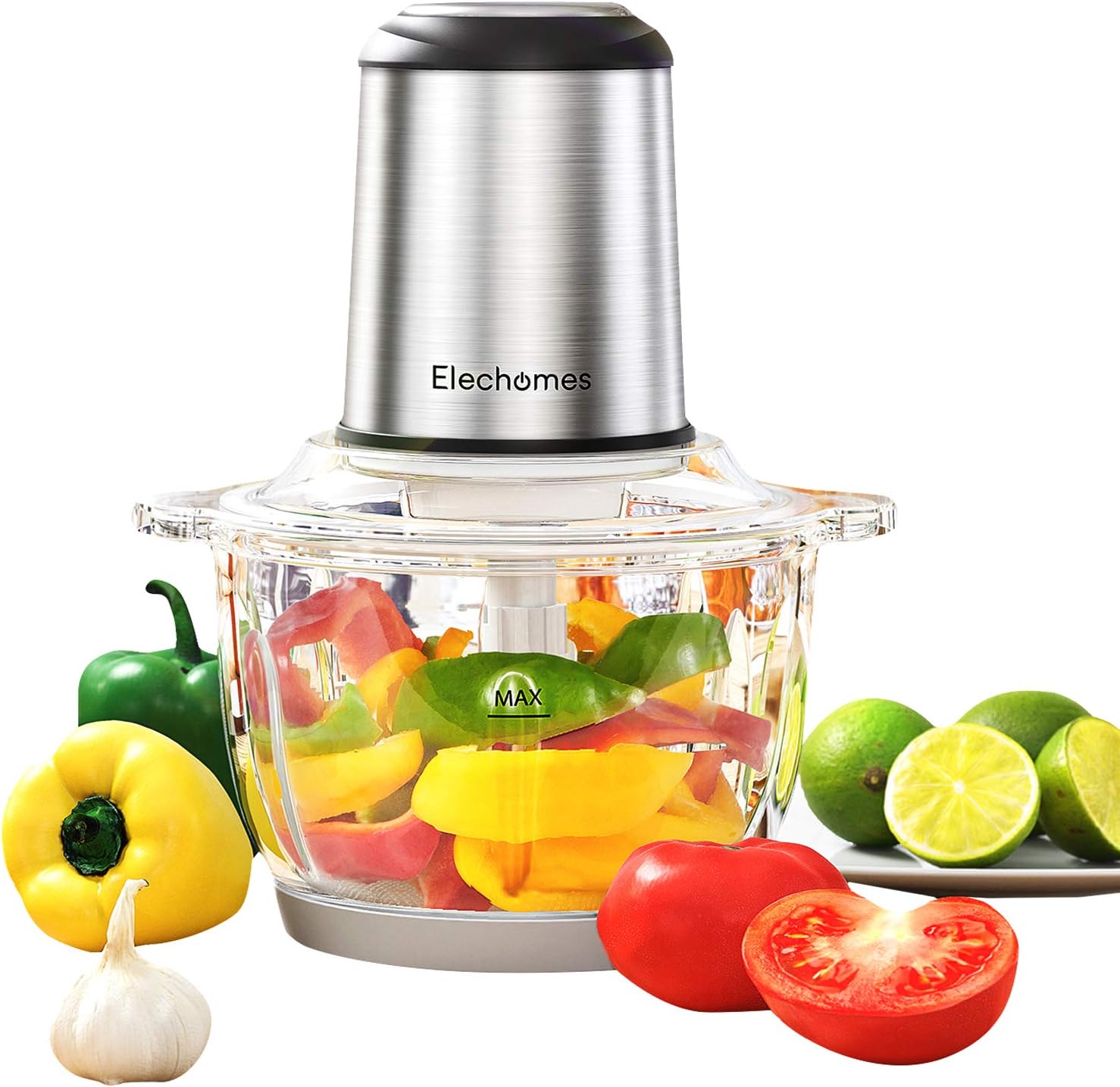 Electric Food Processor & Vegetable Chopper, Elechomes High Capacity 8-Cup Blender Grinder for Meat, Onion, Powerful 300W Motor & 4 Detachable Dual Layer Stainless Steel Blades, BPA-Free Glass Bowl