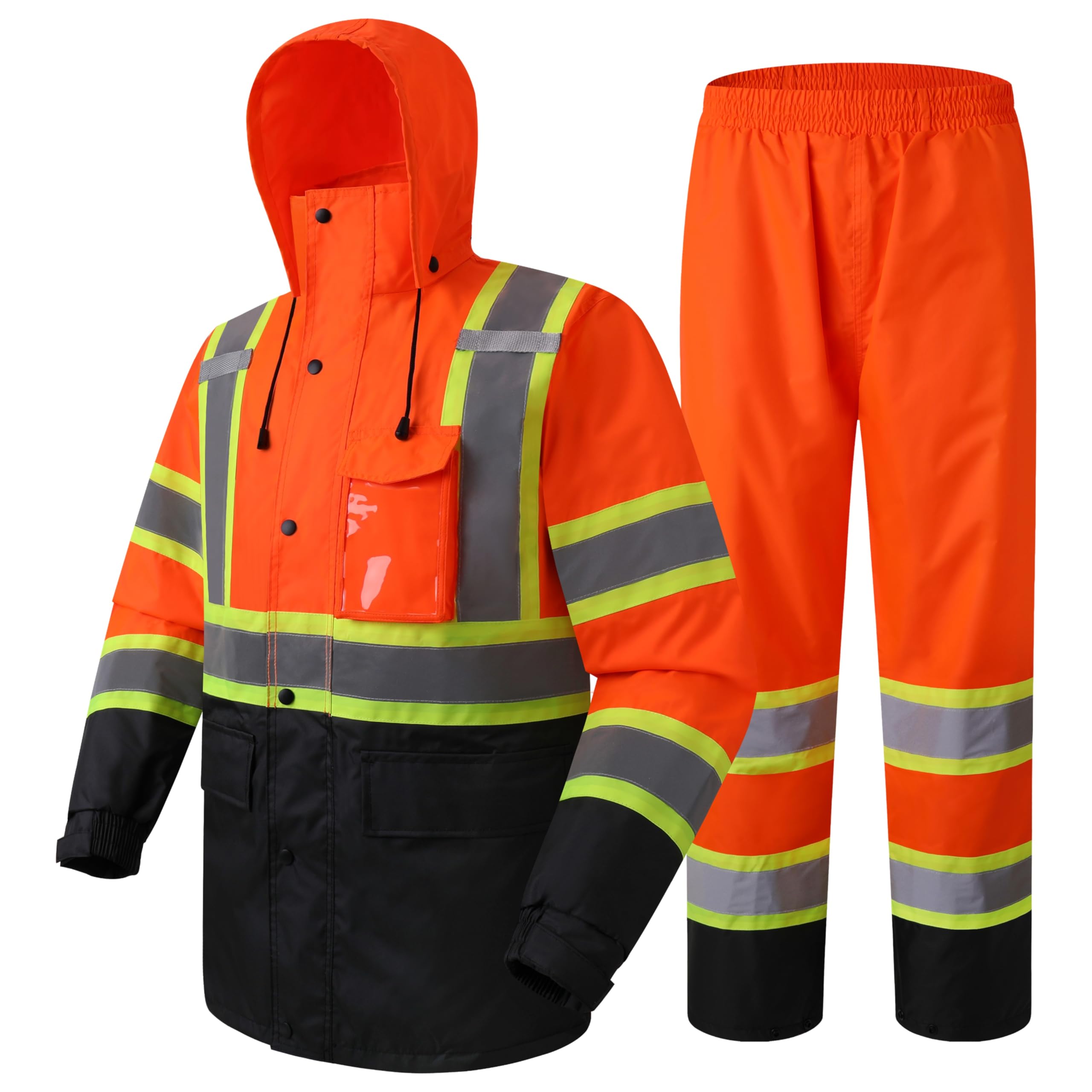 JKSafety Hi-Vis Reflective Safety Rain Jacket and Pants for Men Women Waterproof Rain Gears for Farming Fishing Work HV Rain Suit with Inner Mesh Lining and Pockets (117-Orange L)