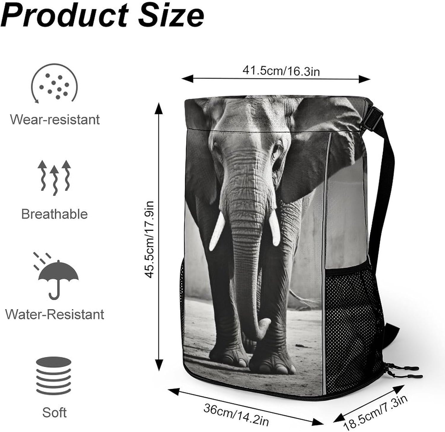 Small Gym Bag Black And White Elephant Printed Drawstring Gym Bag for Men Lightweight Waterproof Drawstring Backpack for Women with Shoe Compartment for Travel Tourism Work And Fitness