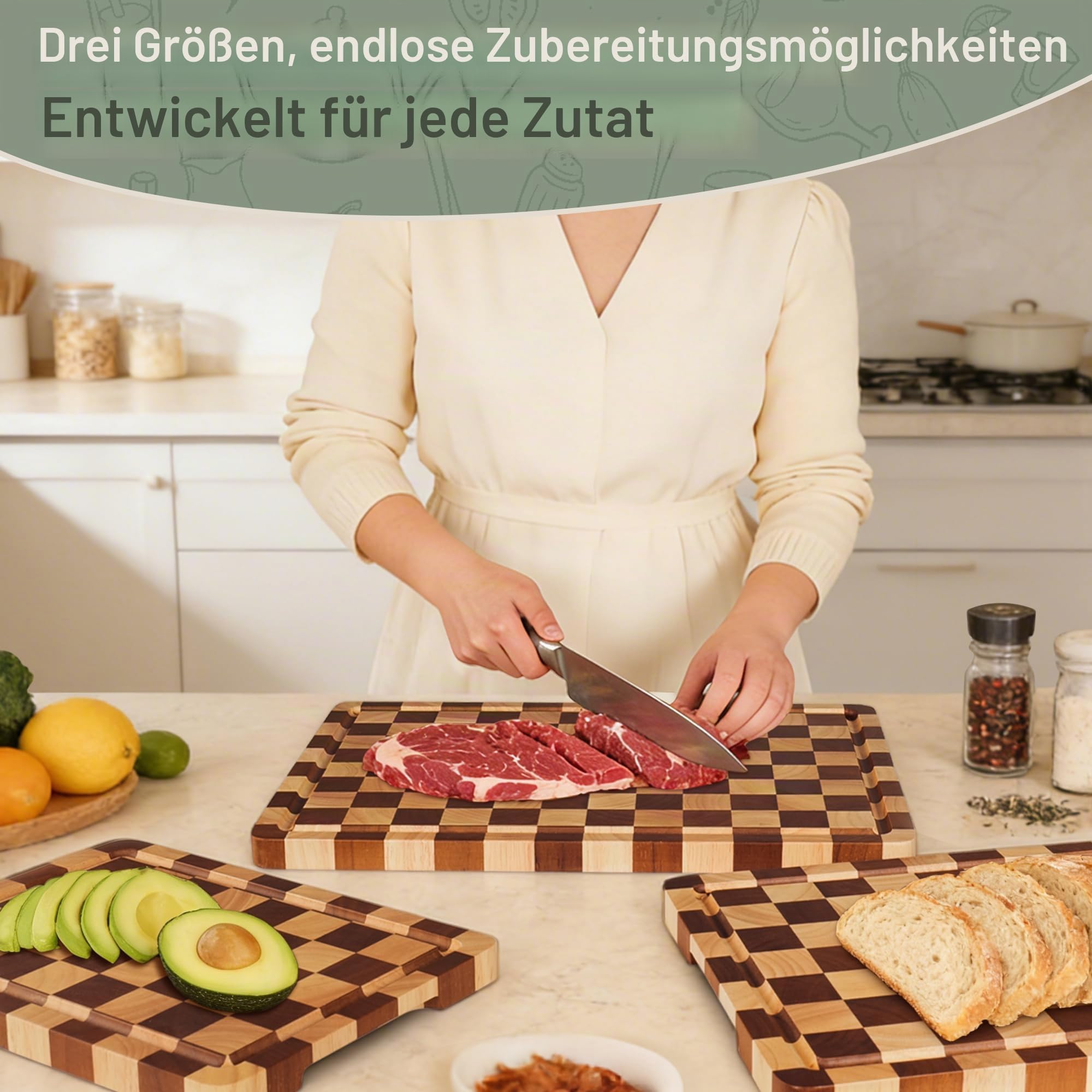 Schneidebrett aus Gummibaumholz, 3-teiliges Kariertes Küchenbrett-Set mit Ständer, Saftrinne und Griff für Fleisch, Gemüse und Käse