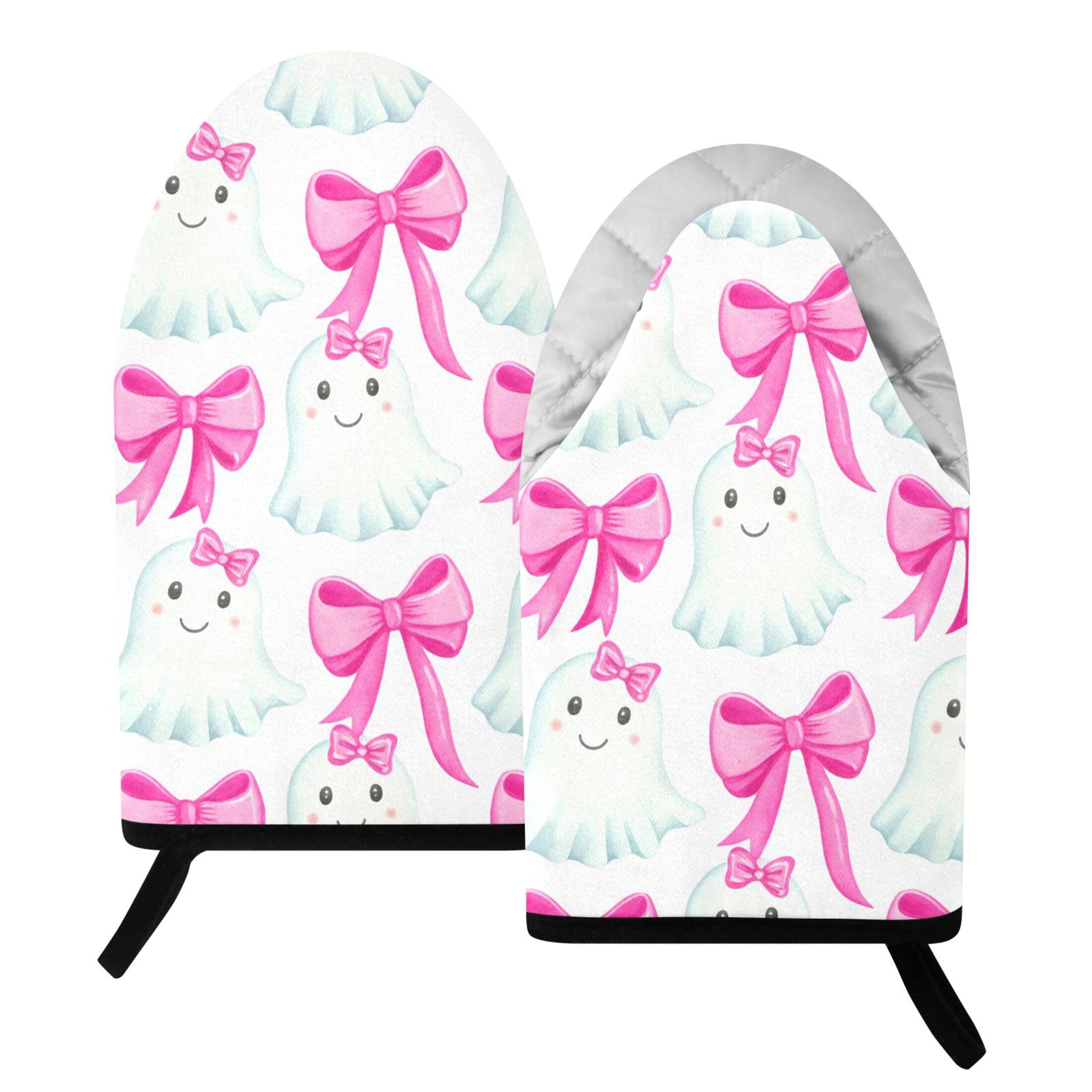 Kutsu Ghosts Bows Oven Mitts for Kitchen, Heat Resistant Cotton Oven Gloves for BBQ Baking Cooking, Breathable Kitchen Essentials, 2 pcs