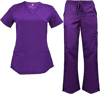 Soft Premium V-Neck Professional Work-Wear Women Top and Pant Set (Purple, Large)