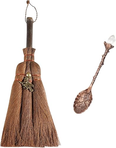 Escoba de altar de bruja de 9.4 pulgadas en miniatura con cepillo Wicca para ceremonias mágicas, rituales Wiccan de Halloween y cucharas de café