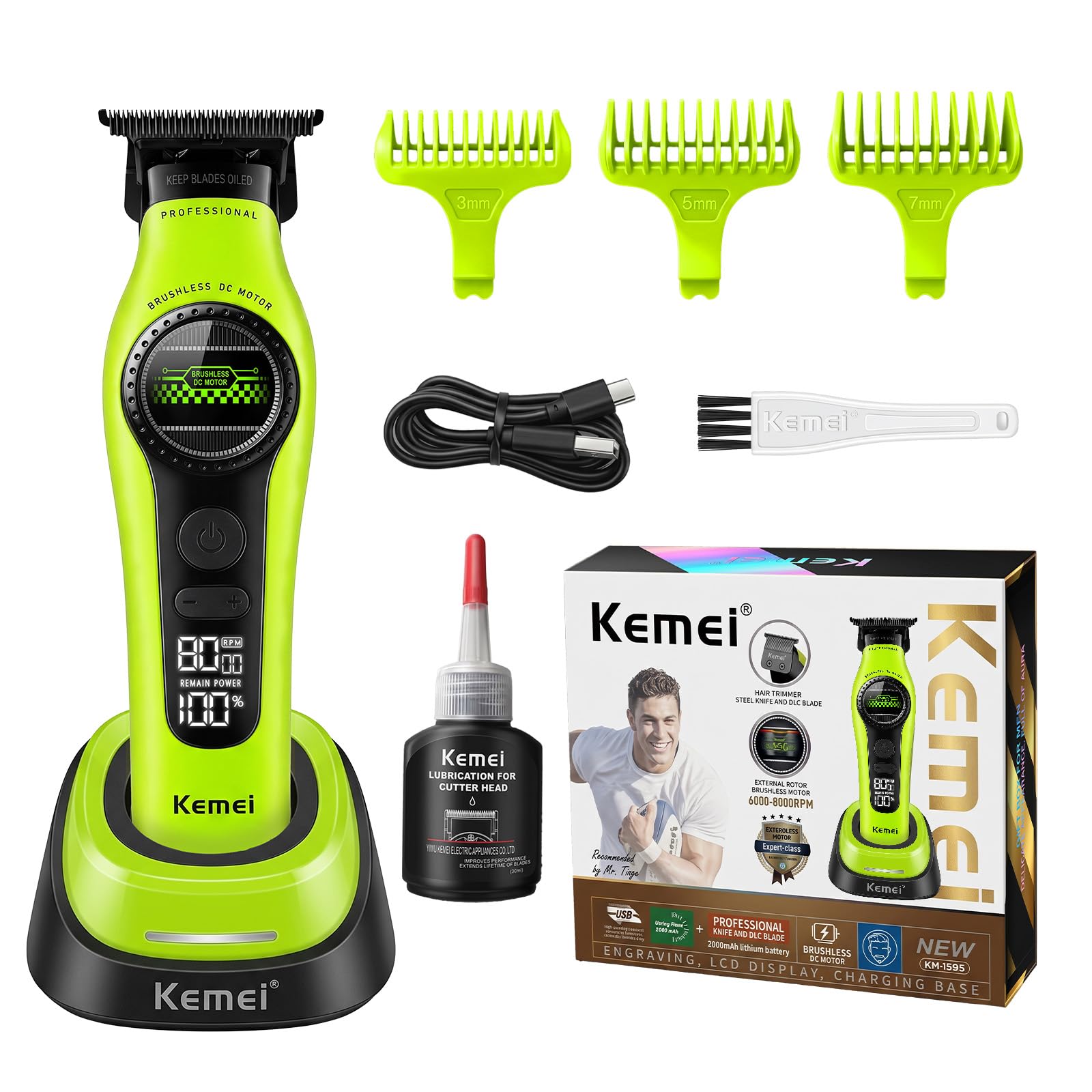 KEMEI 1595 Profi Haar-/Bartschneider Herren, Elektrischer Haartrimmer | Bürstenlosem Motor, 5 Verstellbare Geschwindigkeiten, LCD-Display & DLC-Klinge, Für Haar, Bart und Körper(Weiß, Gelb, Grün)