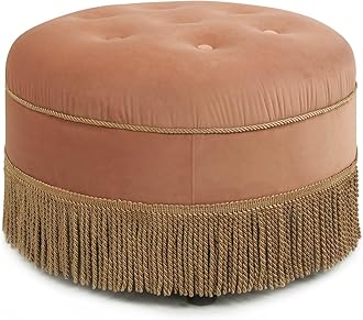 Jennifer Taylor Home Yolanda Upholstered Round Accent Ottoman, Peach Orange Velvet with Gold Trim