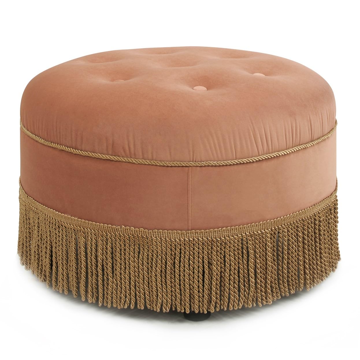 Jennifer Taylor Home Yolanda Upholstered Round Accent Ottoman, Peach Orange Velvet with Gold Trim