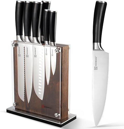 KEEMAKE Juego de bloques de cuchillos de cocina  Bloque de cuchillos con 7 piezas de acero inoxidable de alto carbono ultra afilado 1.4116