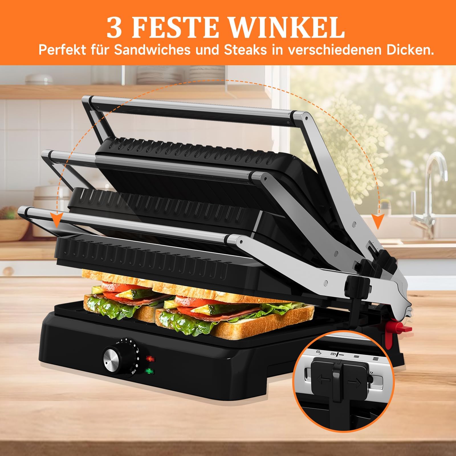 HOMELUX Griglia a contatto 2200 W, sandwich per panini, carne, con piastre antiaderenti 34 x 23 cm, raschietto per pulizia, apertura a 180°, temperatura regolabile, vassoio raccoglitore