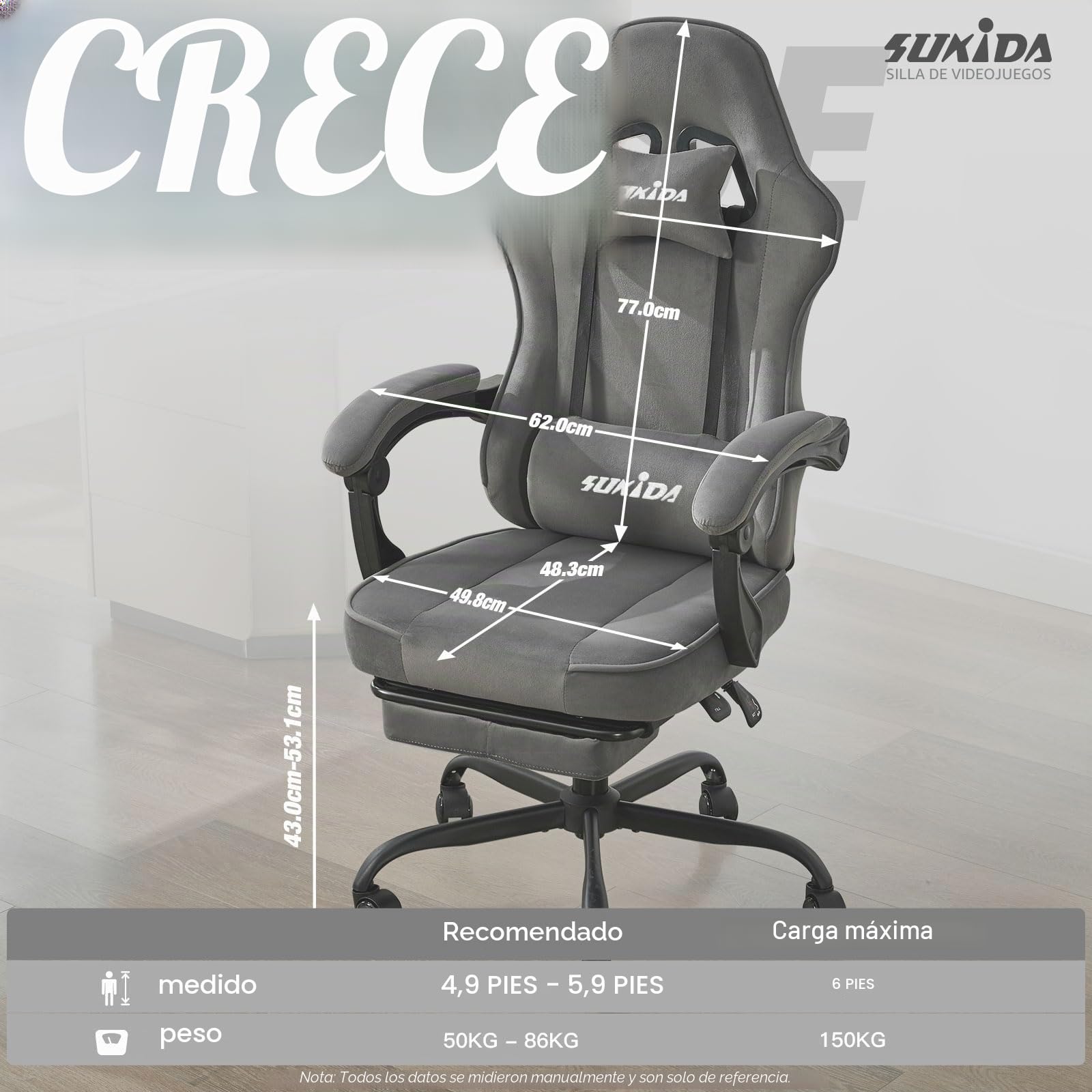SUKIDA Silla de gaming de tela, silla ergonómica para videojuegos con reposapiés, silla de ordenador de carreras ajustable con soporte lumbar, gris silla ergonómica para PC